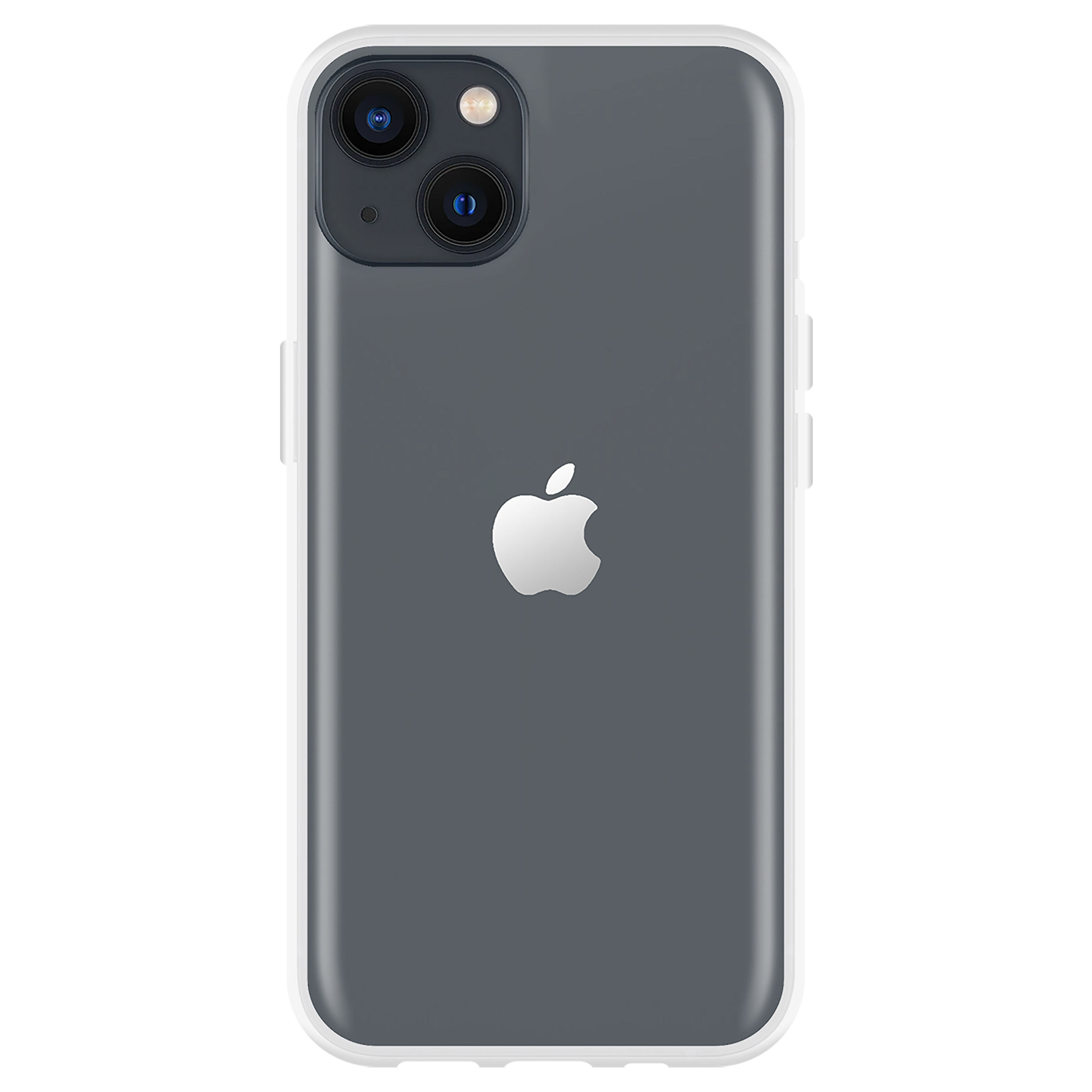 Dunkelgraue Telefonrückseite mit weißem Rand. Zeigt Apple-Logo und Dual-Kameras.