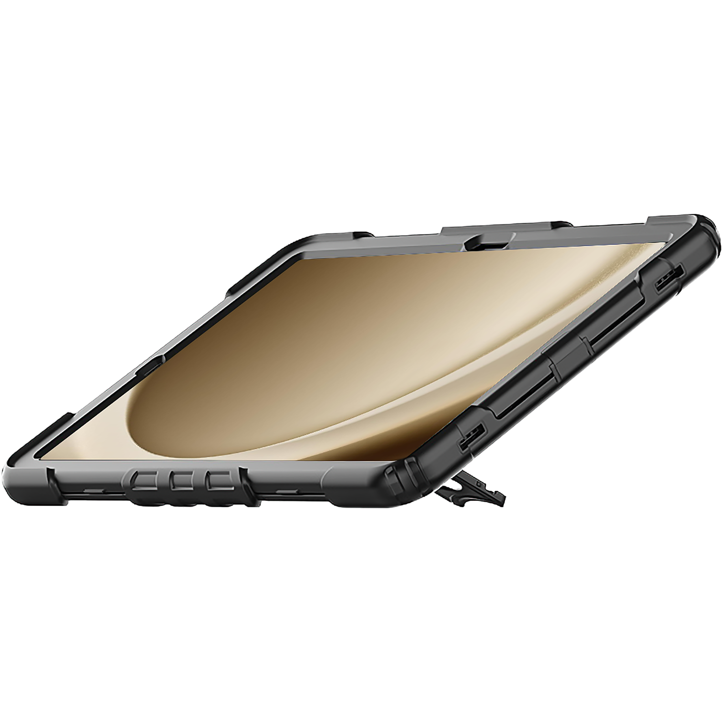 Tablet in schwarzem Gehäuse, abgewinkelt auf schwarzem Hintergrund.
