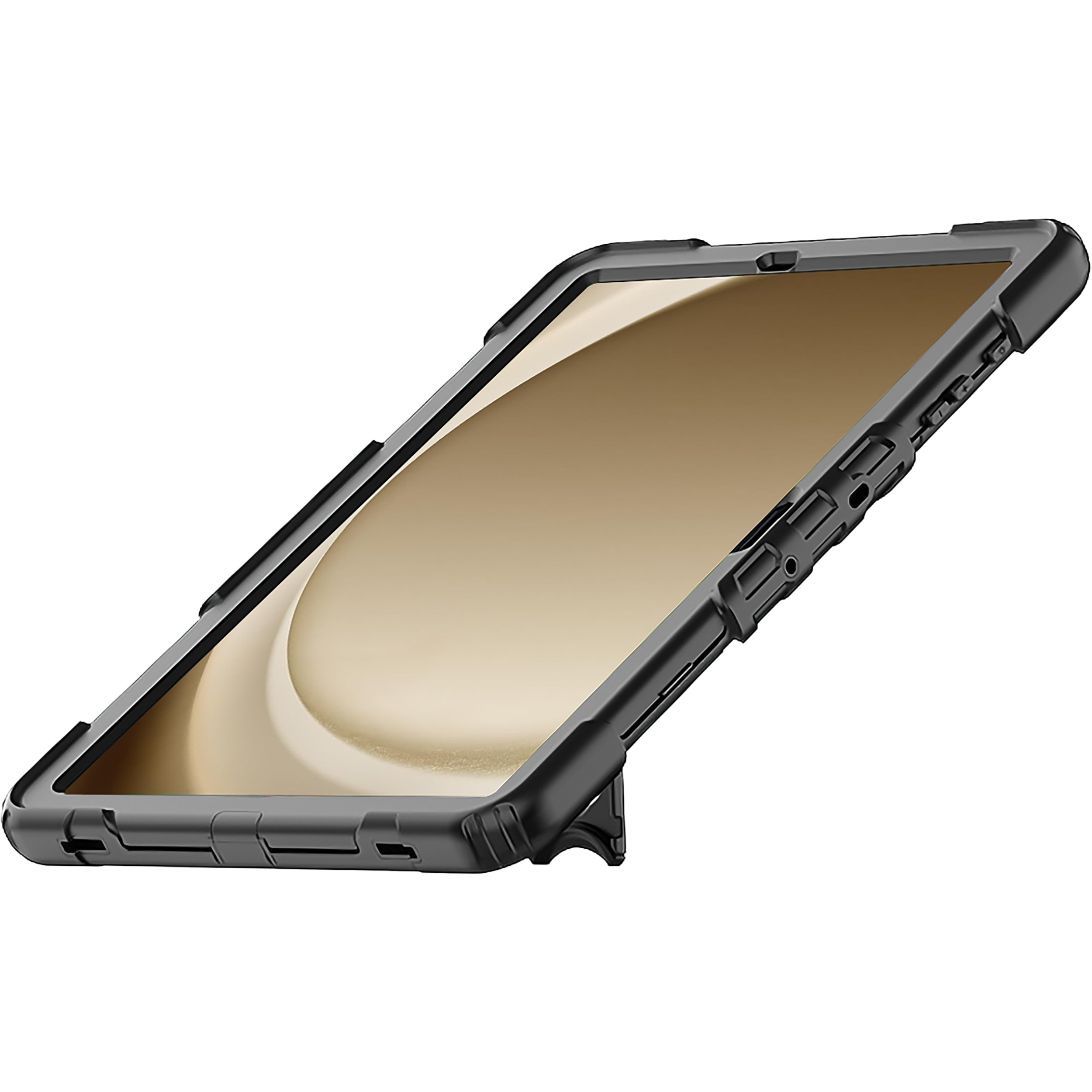 Tablet in einer Schutzhülle. Winkelansicht, schwarzes Gehäuse, goldener Bildschirm.