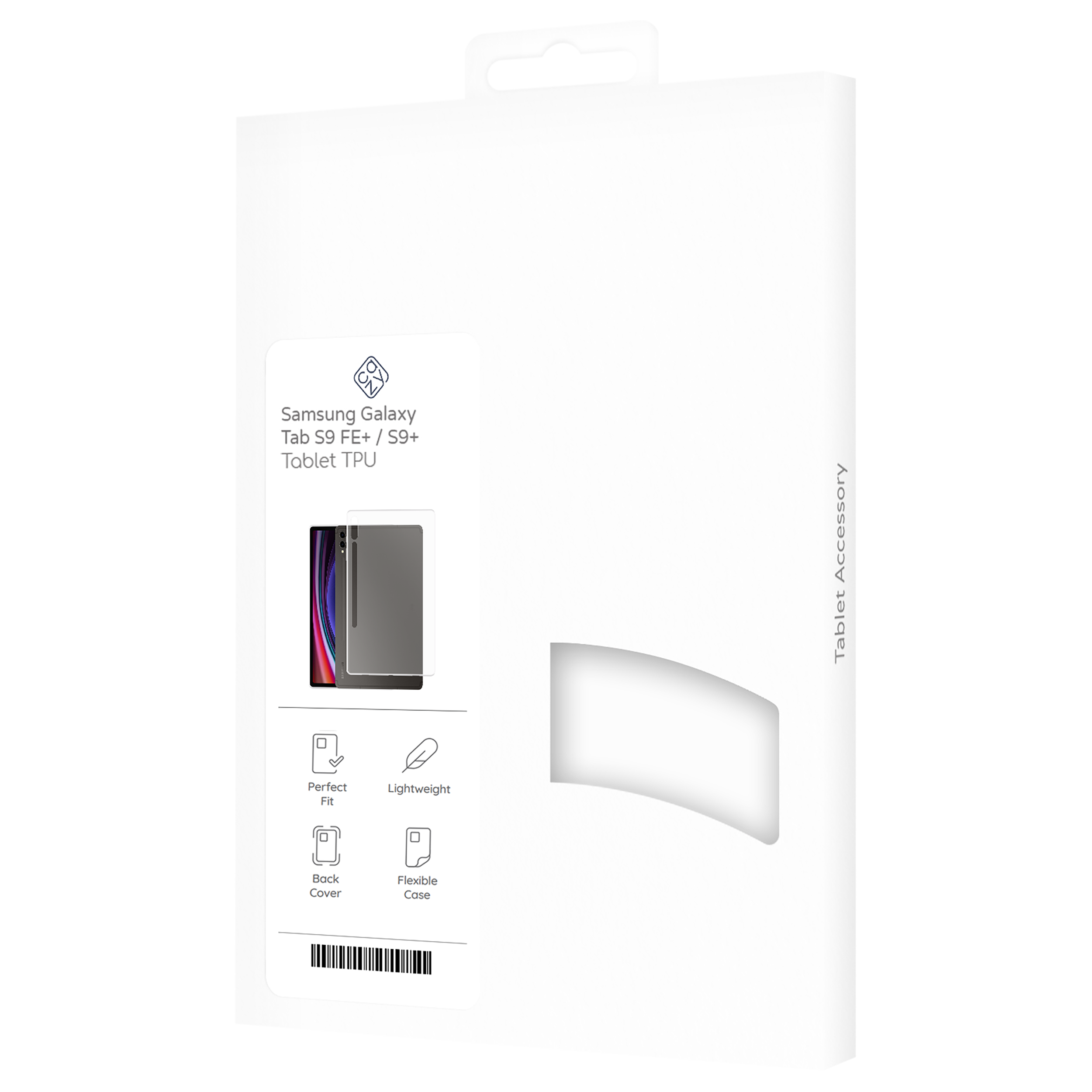 Eine weiße Tablet-Zubehörverpackung. Sie enthält eine Samsung Galaxy Tablet TPU-Hülle, Symbole und Text.