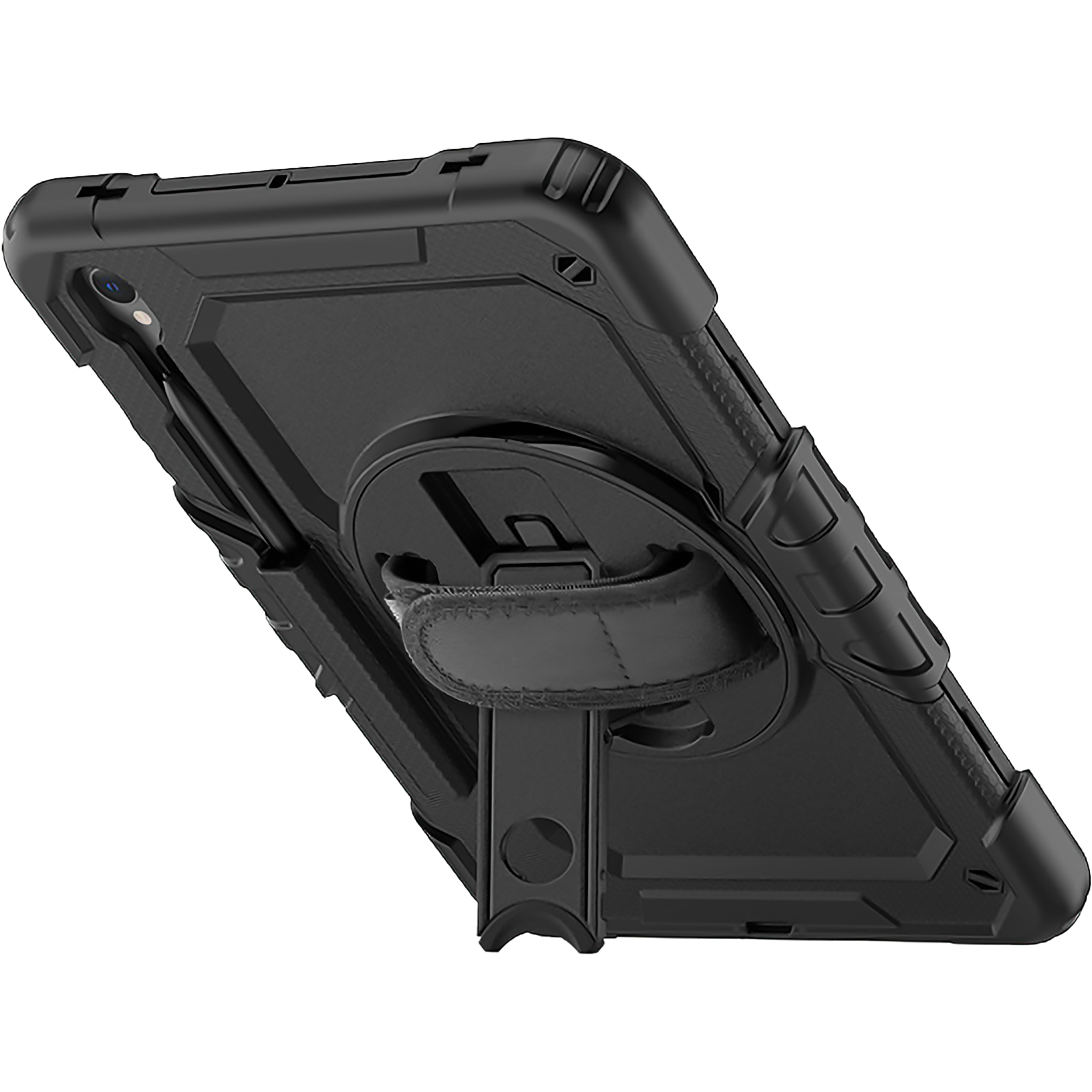 Schwarzes Tablet mit Hülle, schräg nach oben, zeigt Rückseite, Ständer und Handschlaufe.