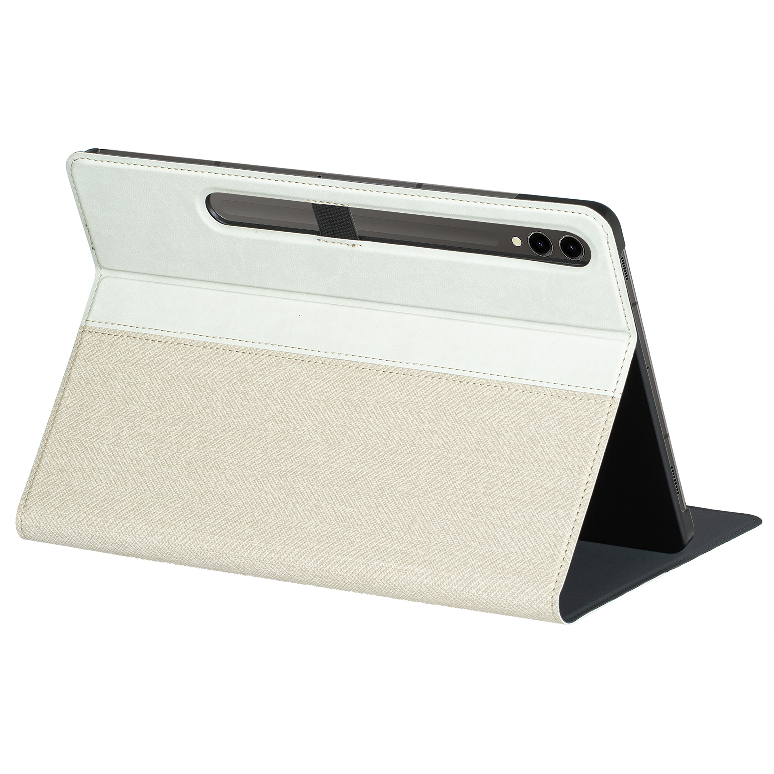 Tablet in custodia beige chiaro, aperto, mostra lo schermo e il supporto.