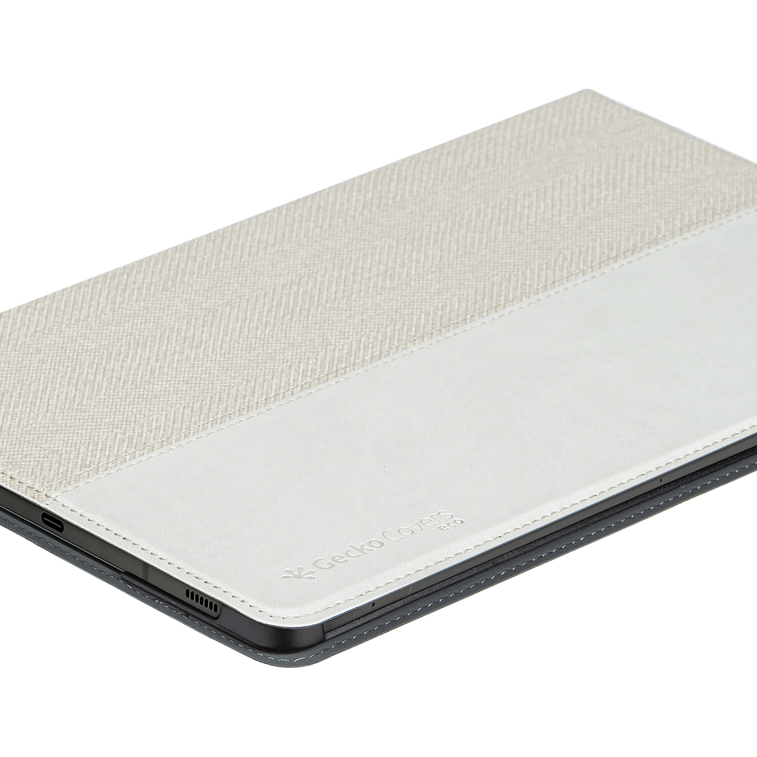 Custodia per tablet con una copertura in similpelle beige chiaro e bianca. L'interno è grigio scuro.