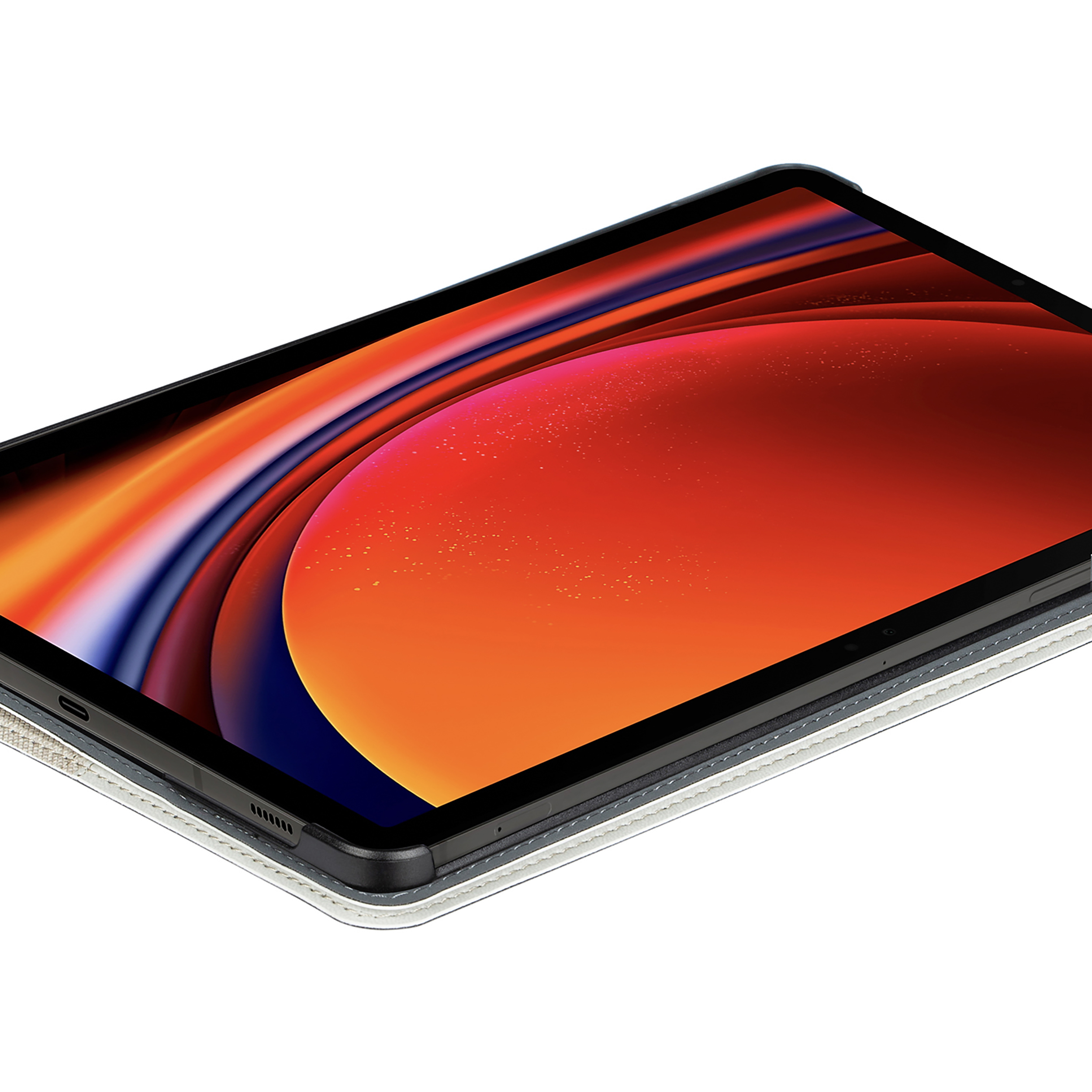 Tablet con schermo che mostra un design astratto rosso e arancione.