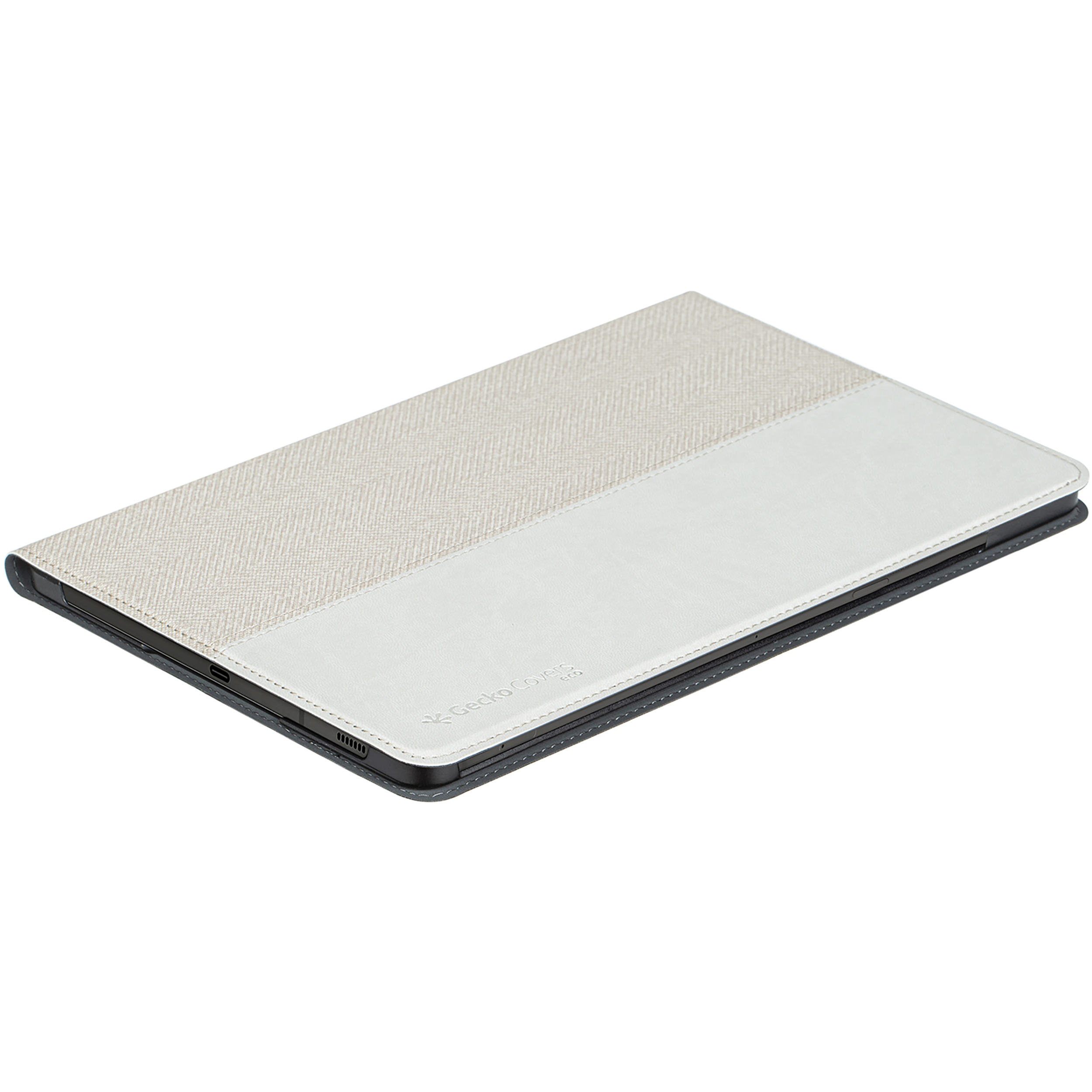 Custodia per tablet bianca e beige. La custodia è aperta e ha un design bianco e beige con bordi neri.