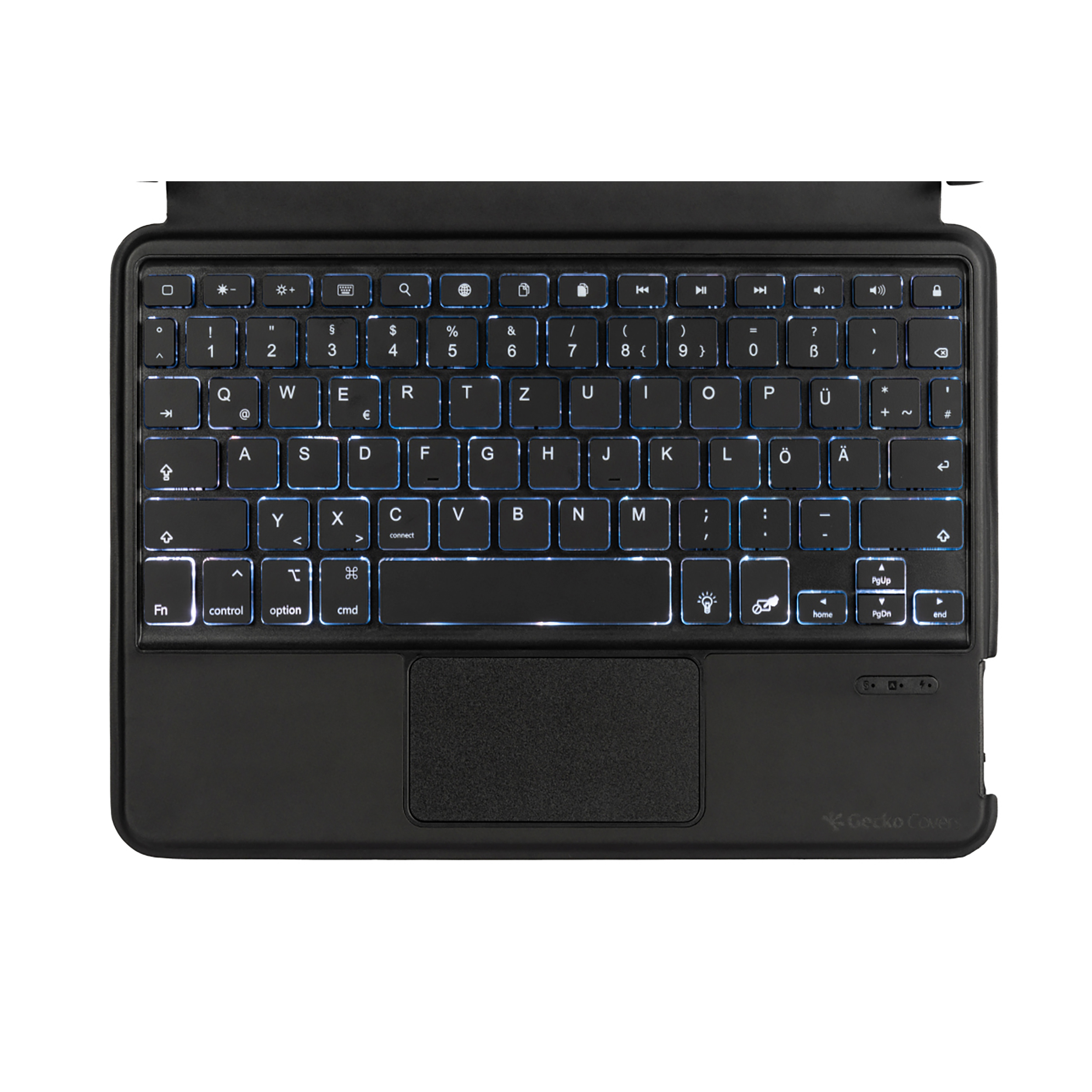 Schwarze Tastatur mit weiß hinterleuchteten Tasten, Touchpad und Oberteil zum Anschließen an Tablet.
