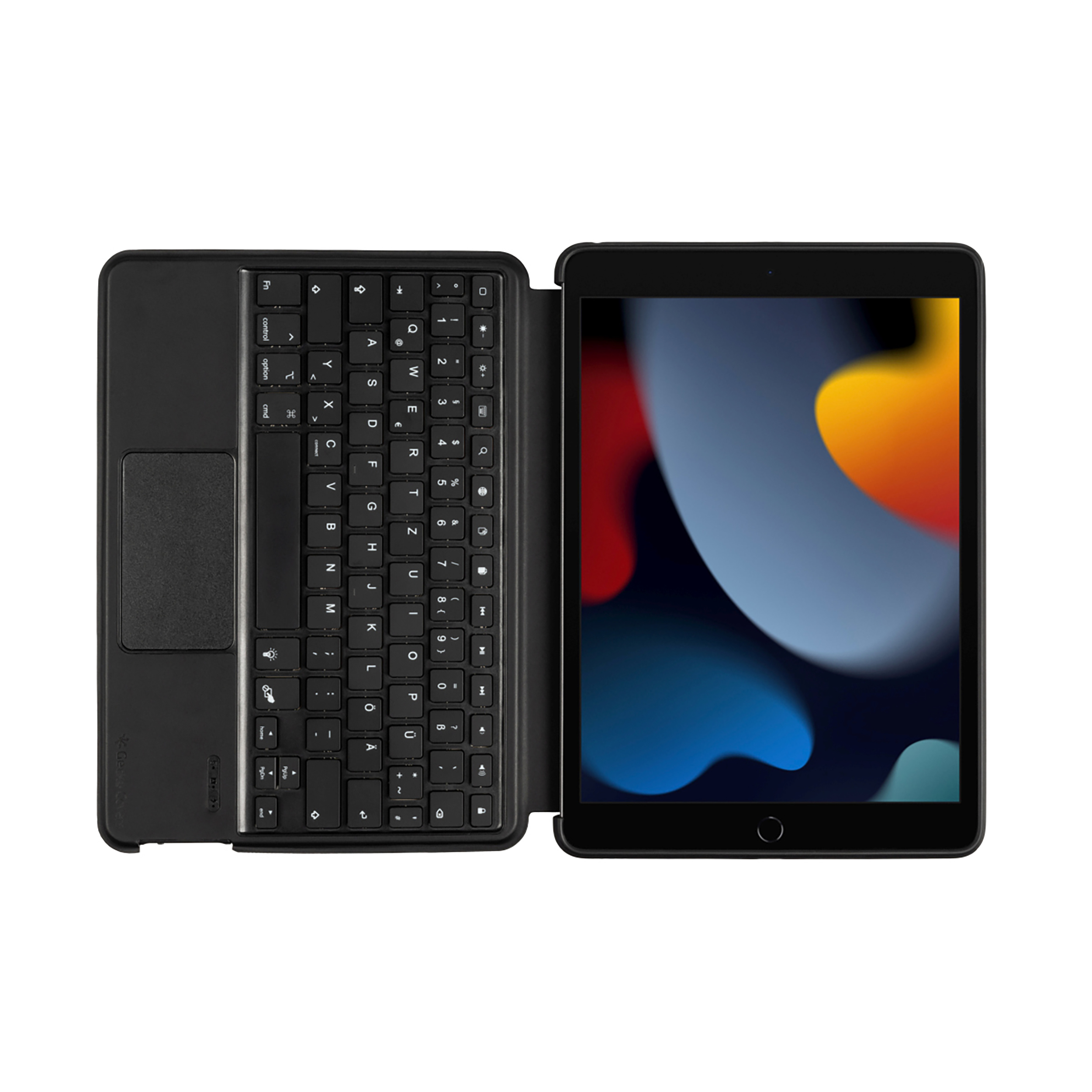 Schwarzes Tablet mit schwarzer Tastaturhülle. Das Tablet zeigt eine bunte abstrakte Grafik an.