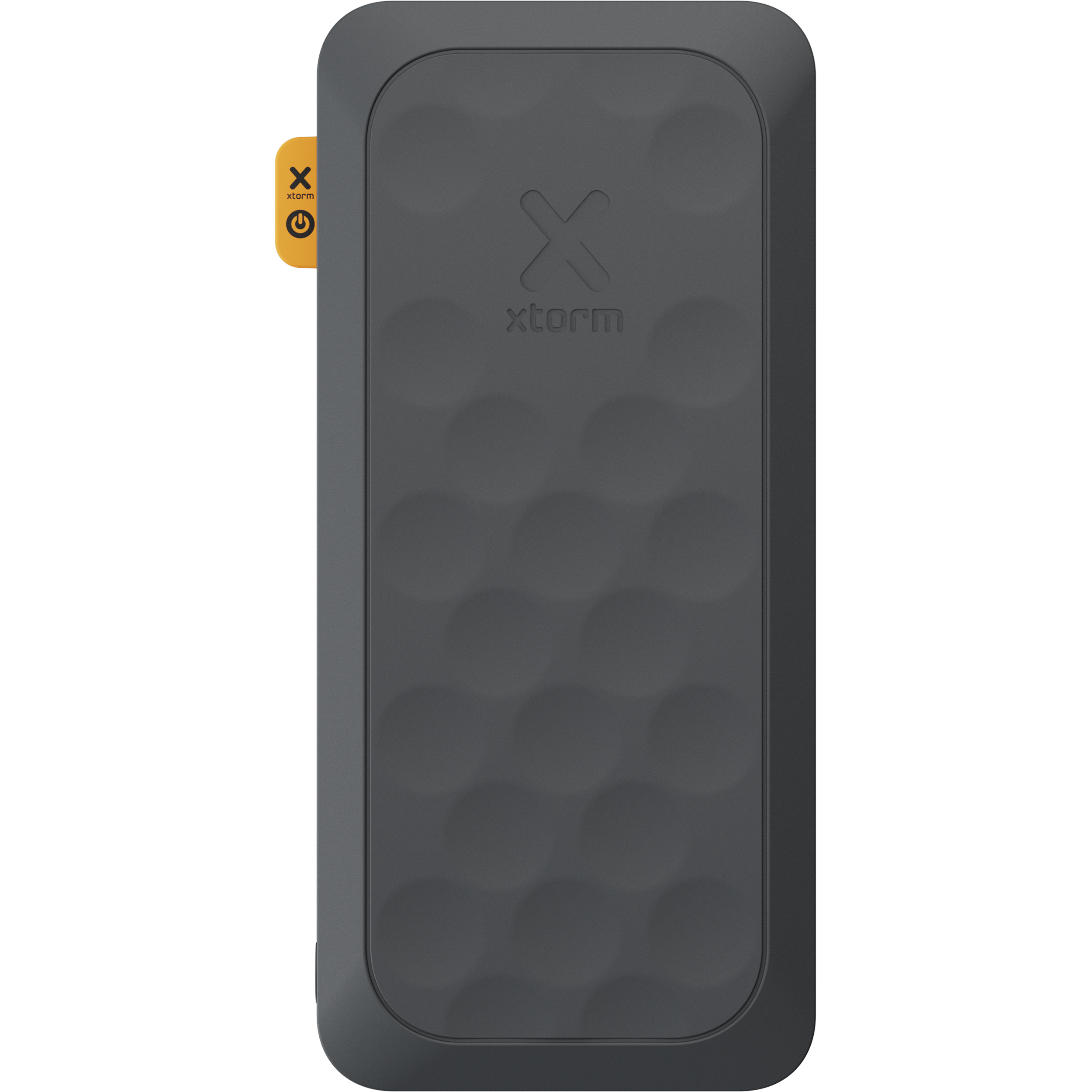 Eine rechteckige, dunkelgraue Powerbank. Sie hat ein X-Logo und einen Power-Knopf mit orangefarbenem Akzent.