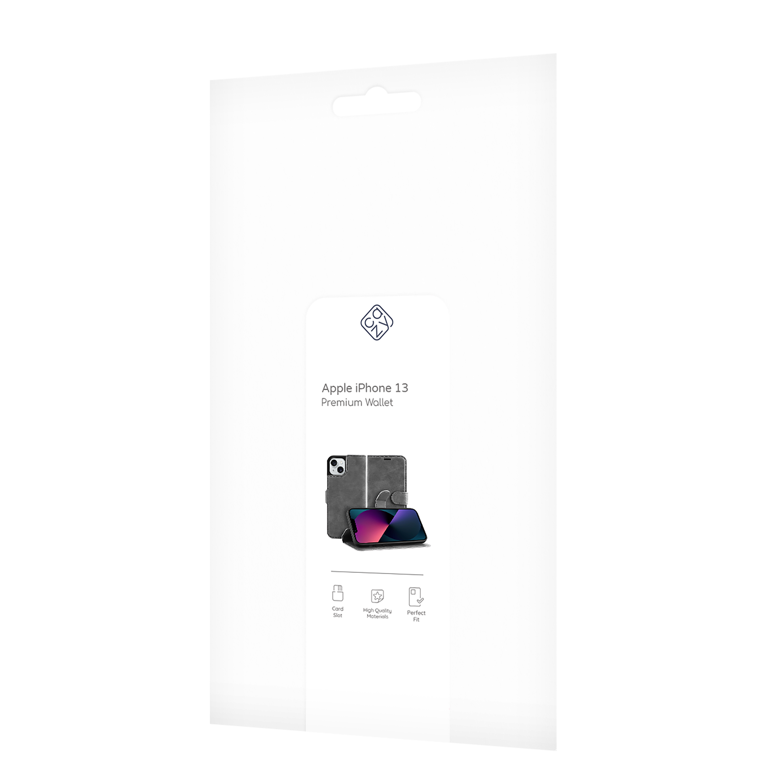 Weiße Produktverpackung für ein Apple iPhone 13 Premium-Wallet. Es hat ein klares Fenster.