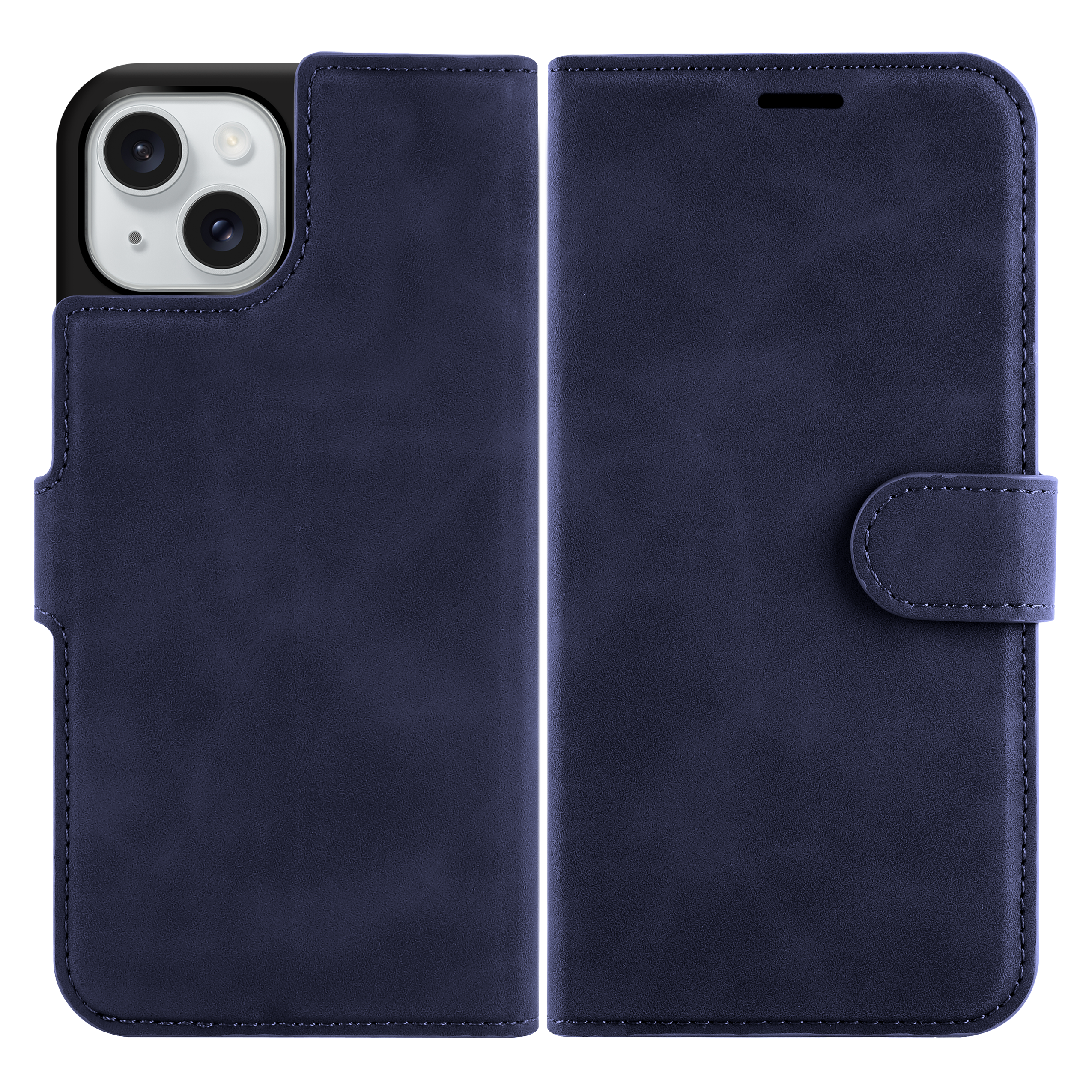 Offene blaue Leder-Handyhülle mit Telefon. Schwarzes Kameramodul sichtbar.