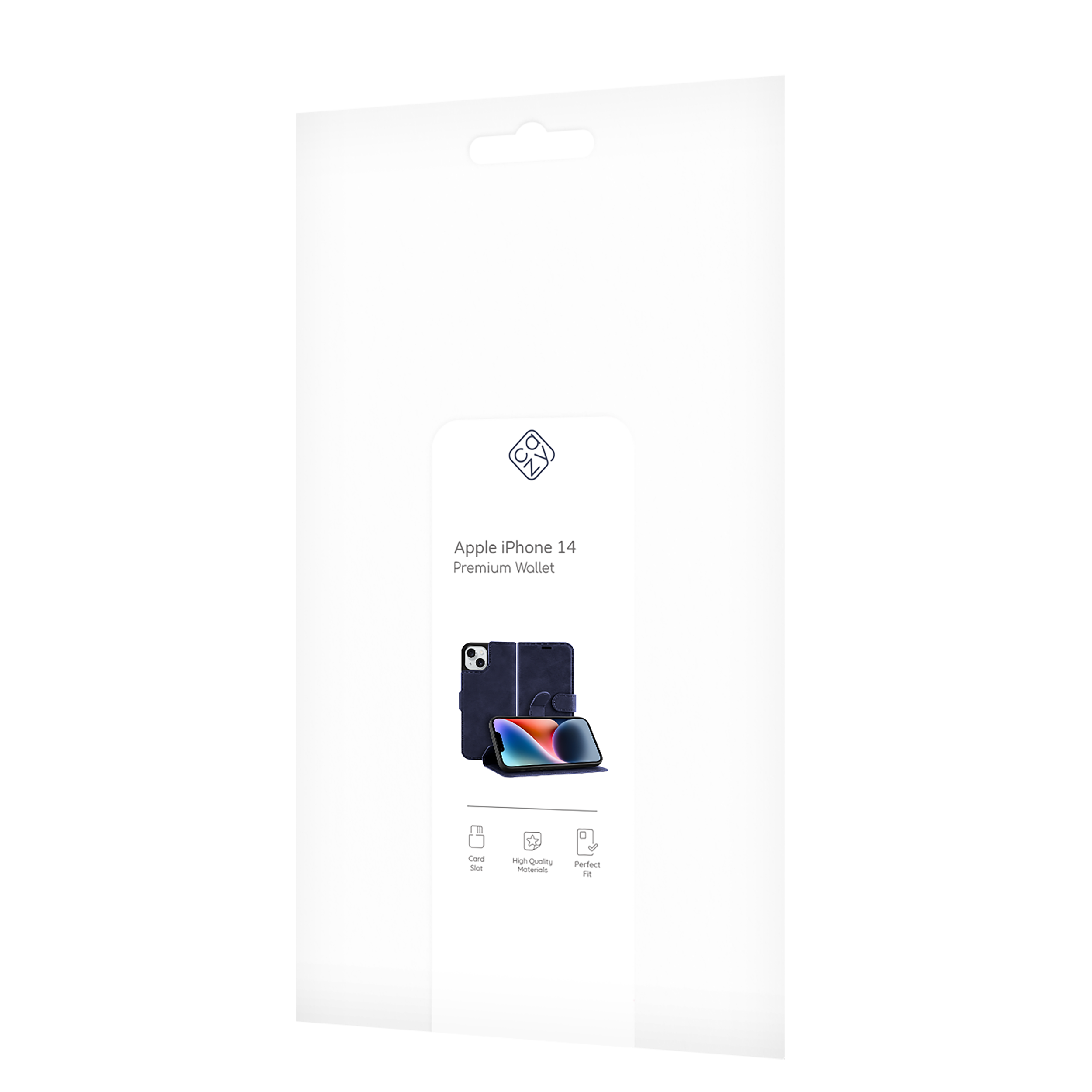 Weiße Verpackung für eine iPhone 14 Geldbörsenhülle. Die Verpackung zeigt die Hülle.