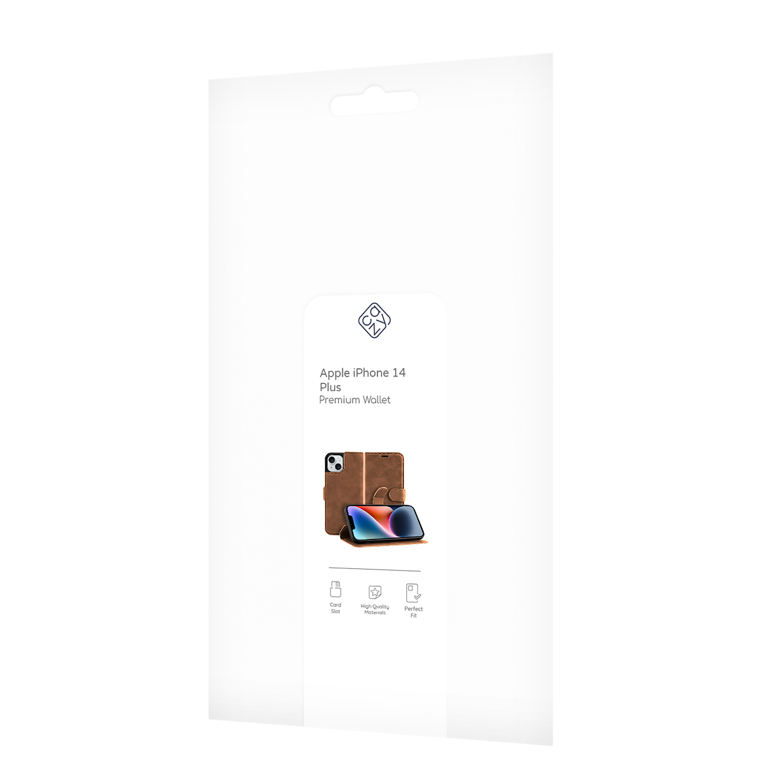 Eine weiße Produktverpackung für eine iPhone 14 Plus Brieftaschenhülle mit einem Bild der Hülle.