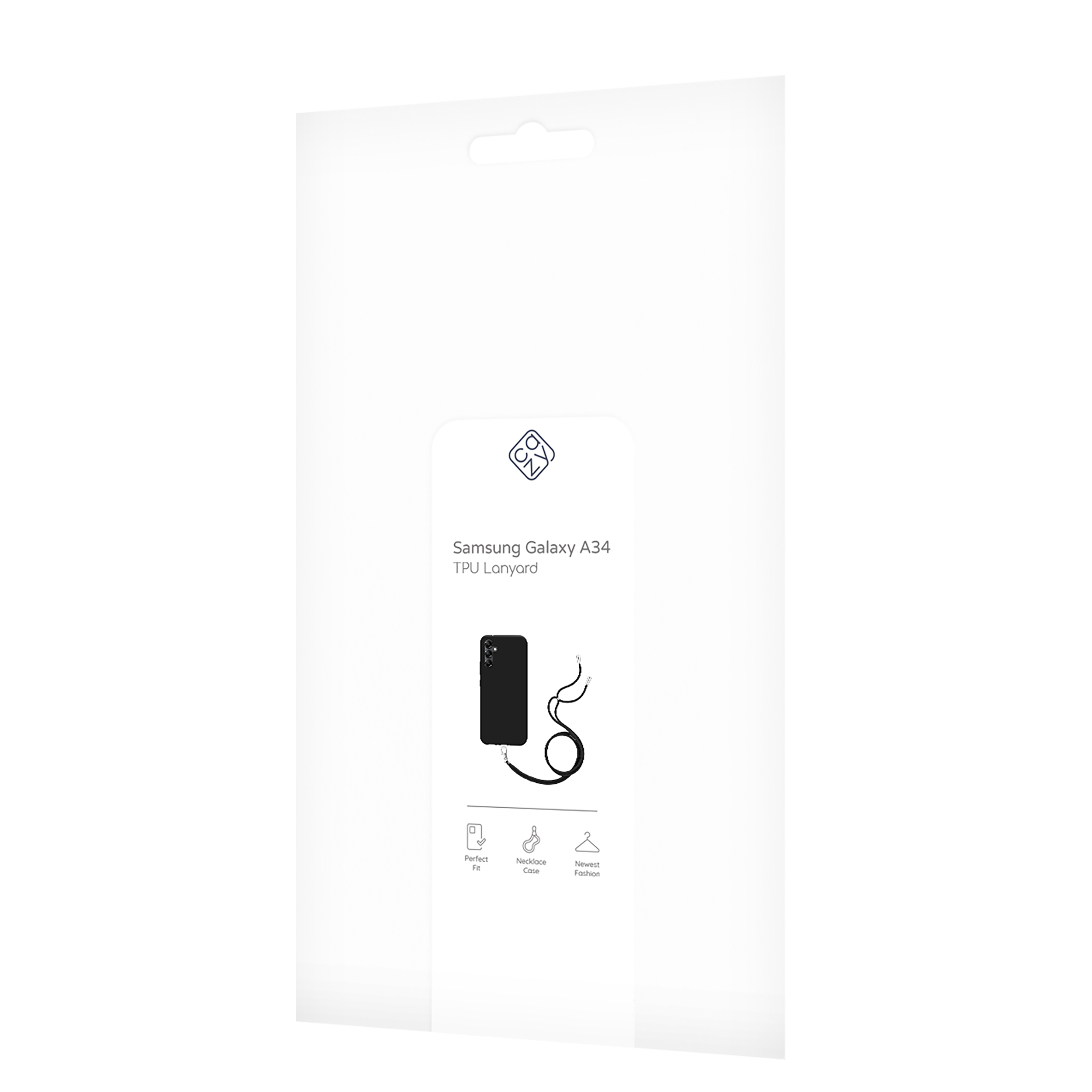 Weiße Verpackung mit einem Telefon-Lanyard und Produktinformationen. Schwarzer Hintergrund.