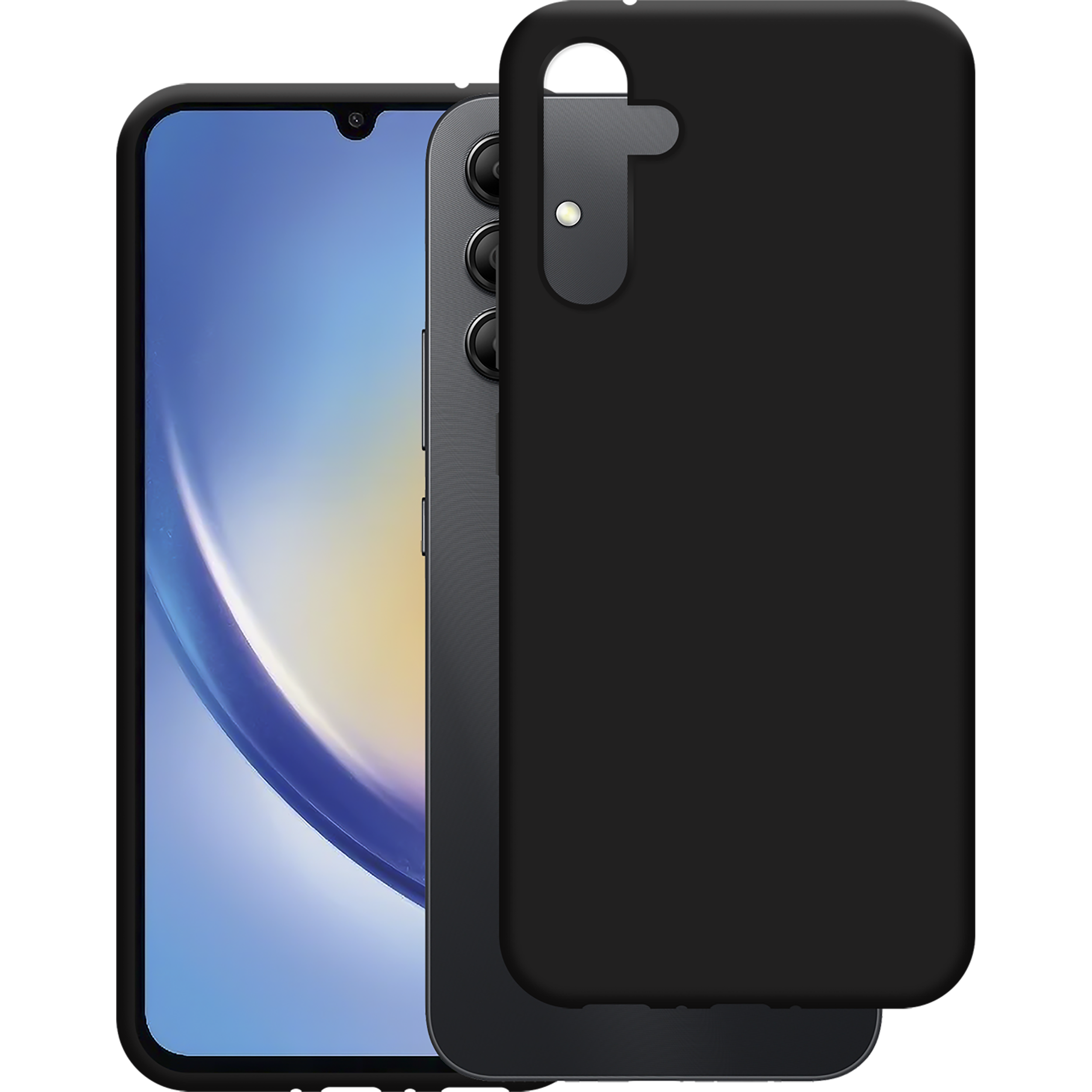 Schwarze Handyhülle mit Telefon. Telefonbildschirm zeigt einen blauen Hintergrund. Schwarz.