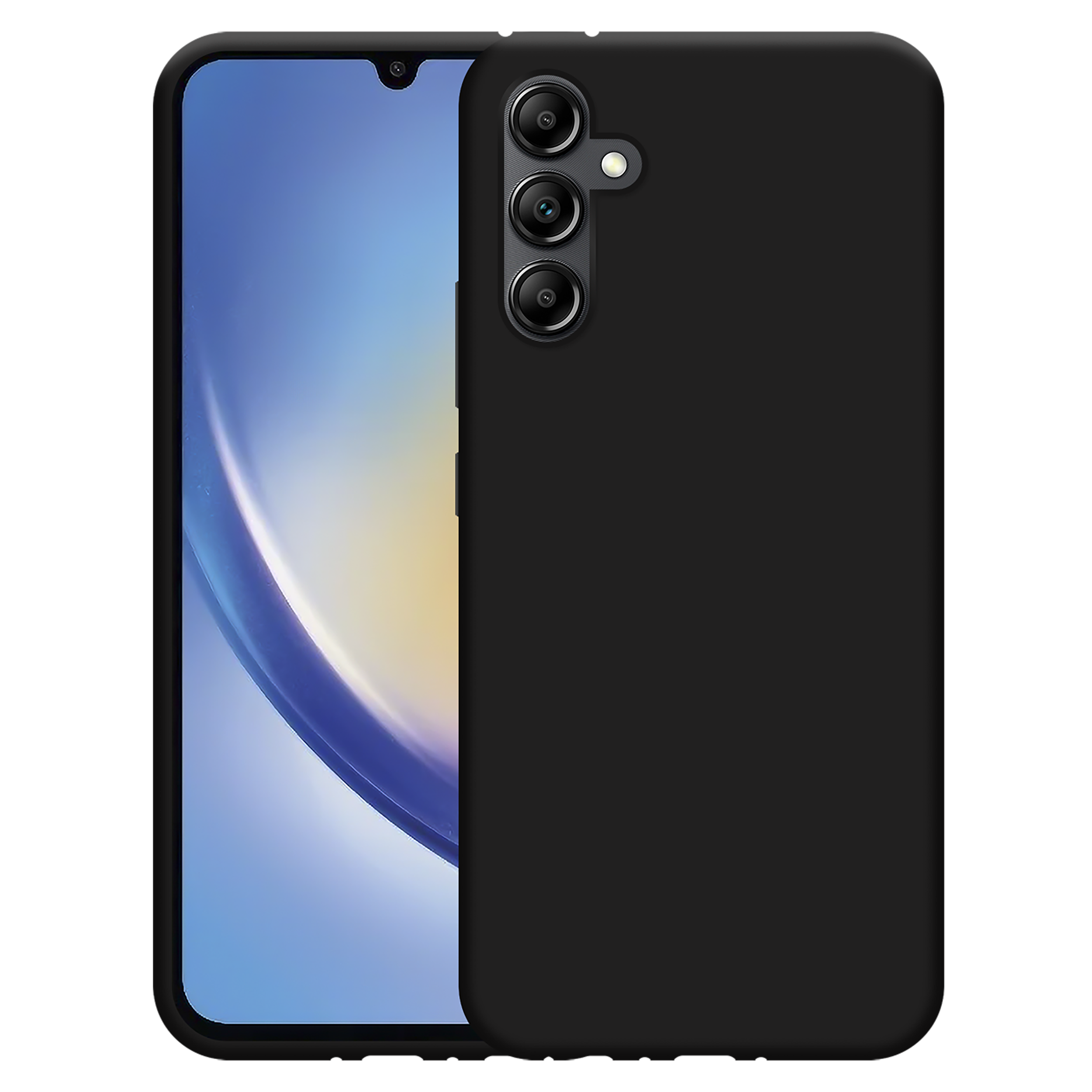 Ein Smartphone mit schwarzem Gehäuse zeigt einen blauen Bildschirm mit drei Rückkameras.