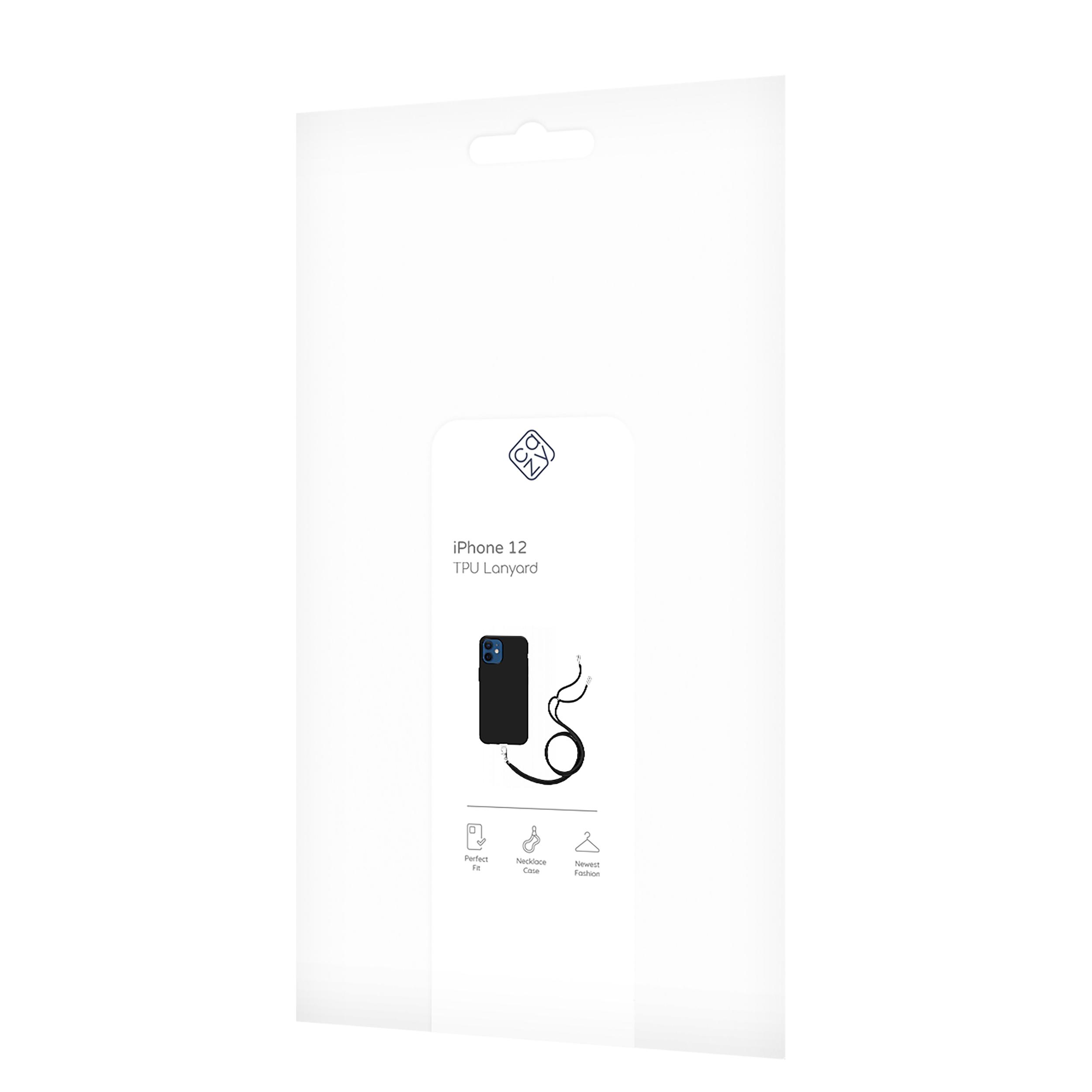 iPhone 12 Lanyard-Verpackung. Die Verpackung ist weiß mit einer Telefon- und Lanyard-Illustration.