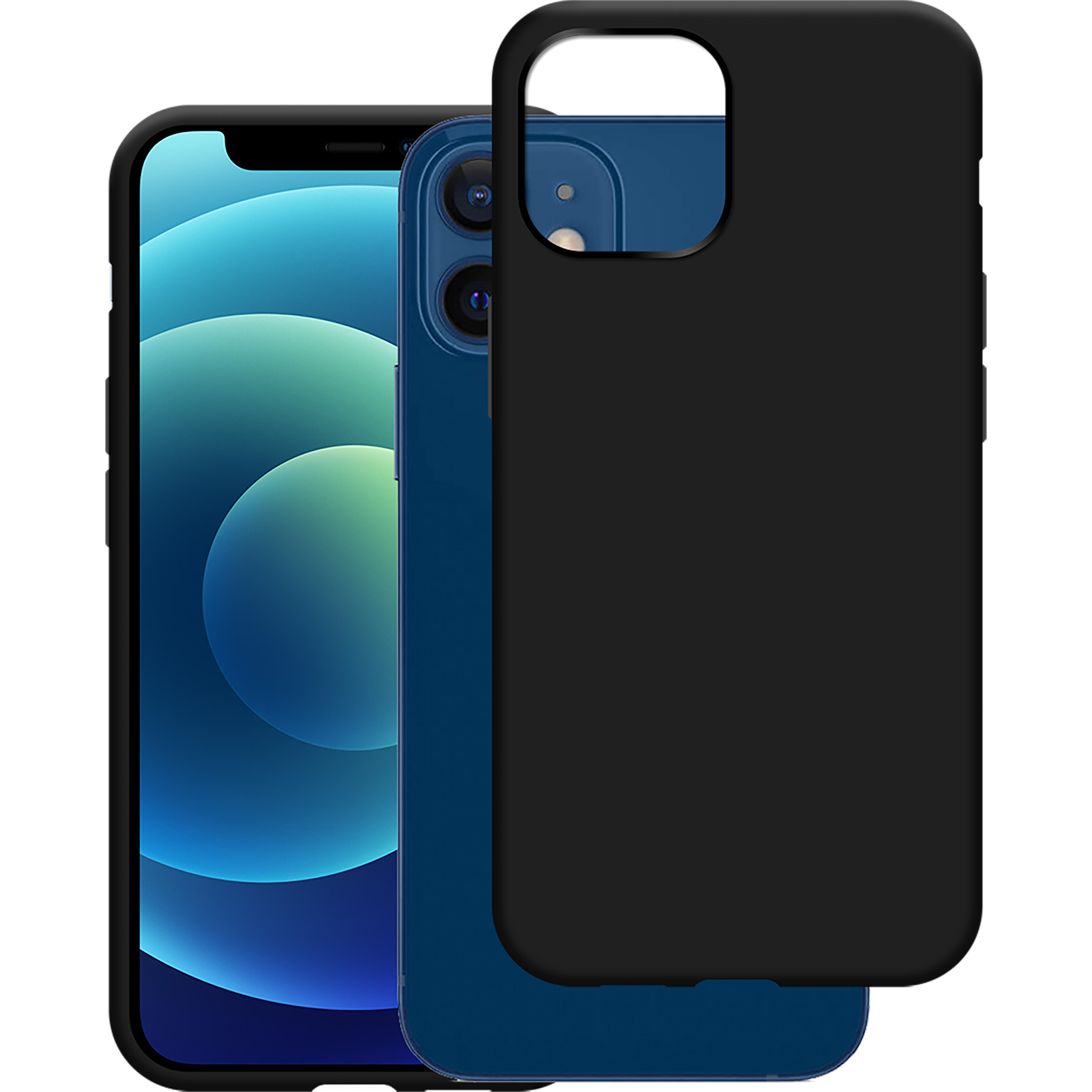 Ein blaues Telefon und eine schwarze Handyhülle nebeneinander auf schwarzem Hintergrund.