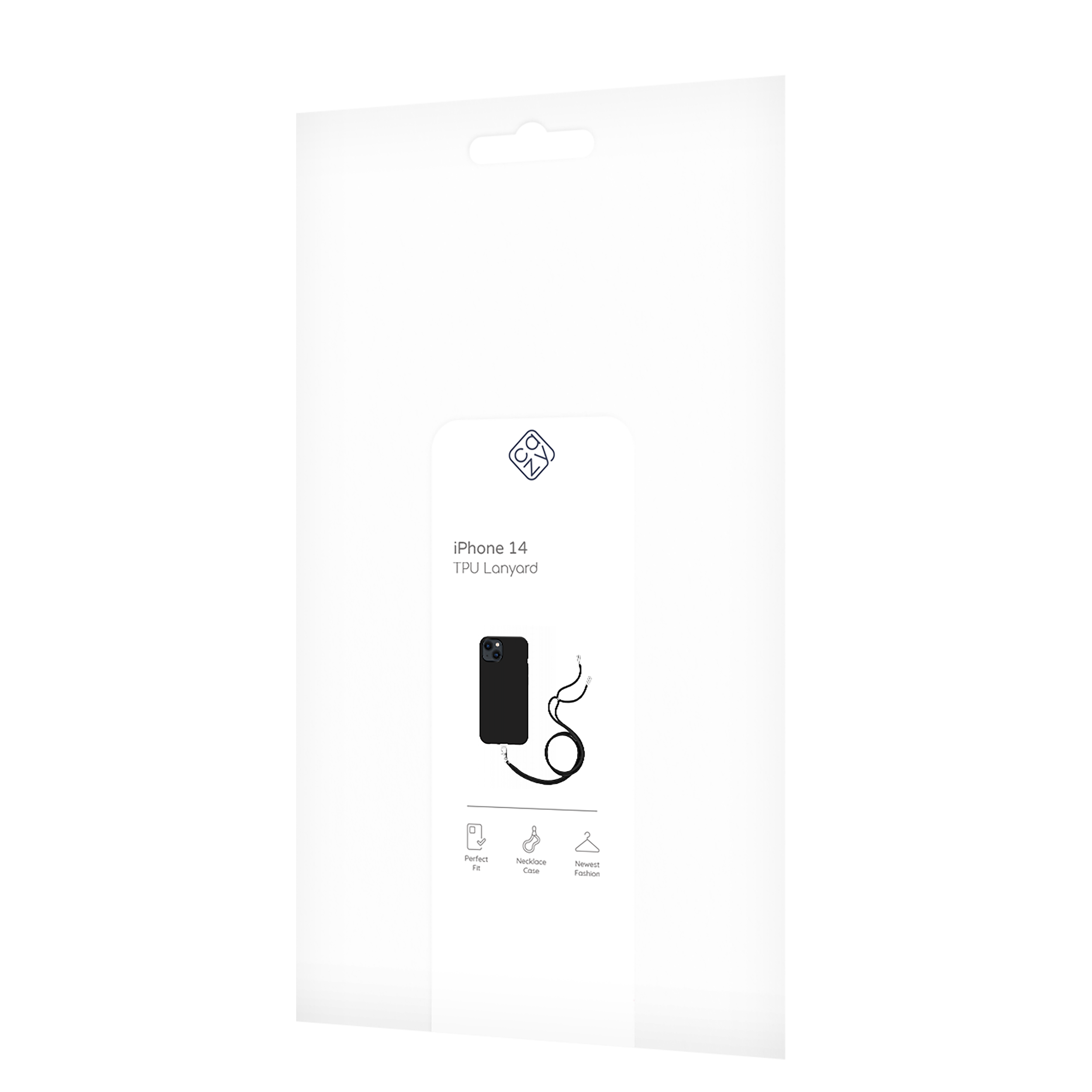 Telefonverpackung mit einer Telefon- und Lanyard-Illustration. Weißer Hintergrund.