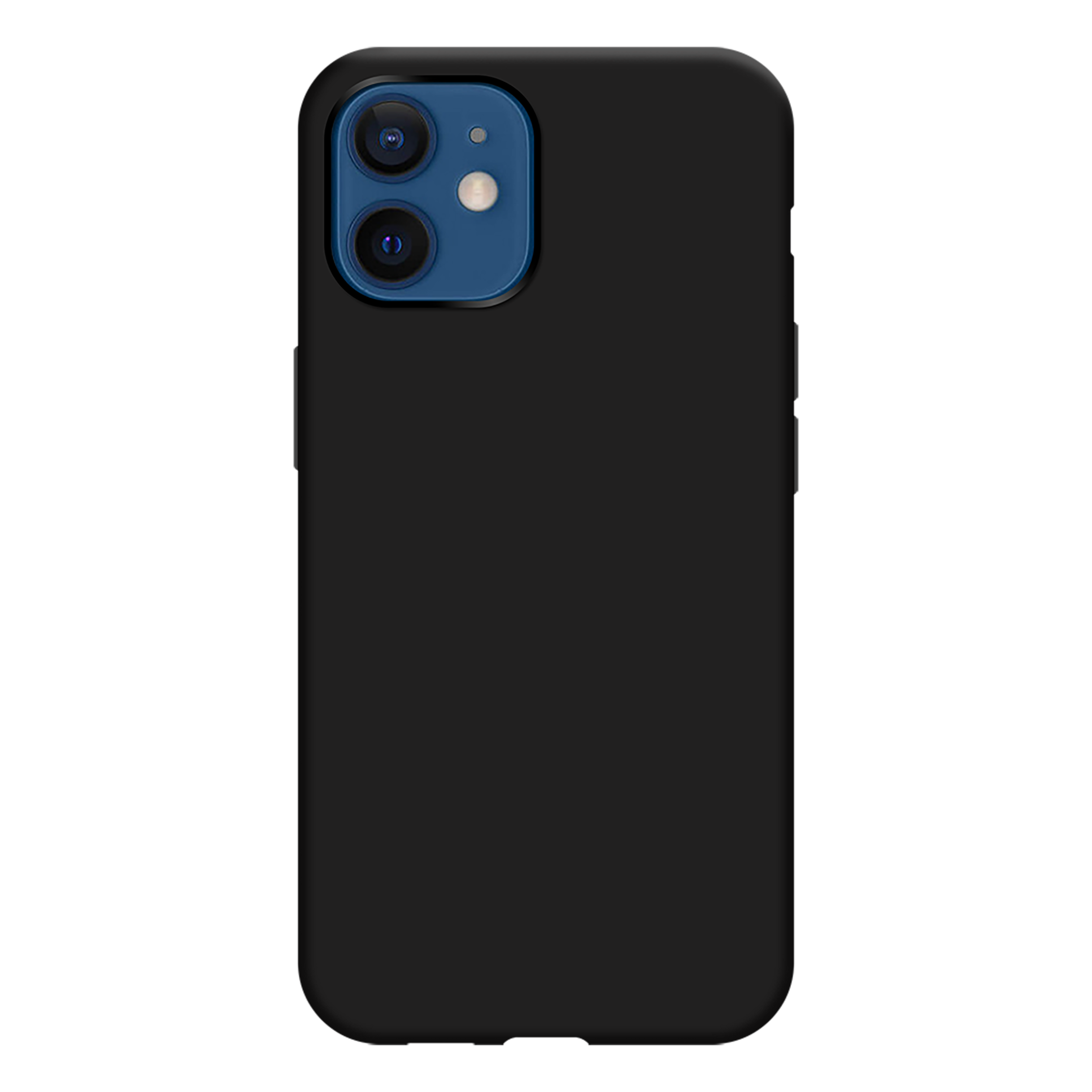 Eine schwarze Telefonhülle mit einem blauen Kameraobjektiv oben links, vor schwarzem Hintergrund.