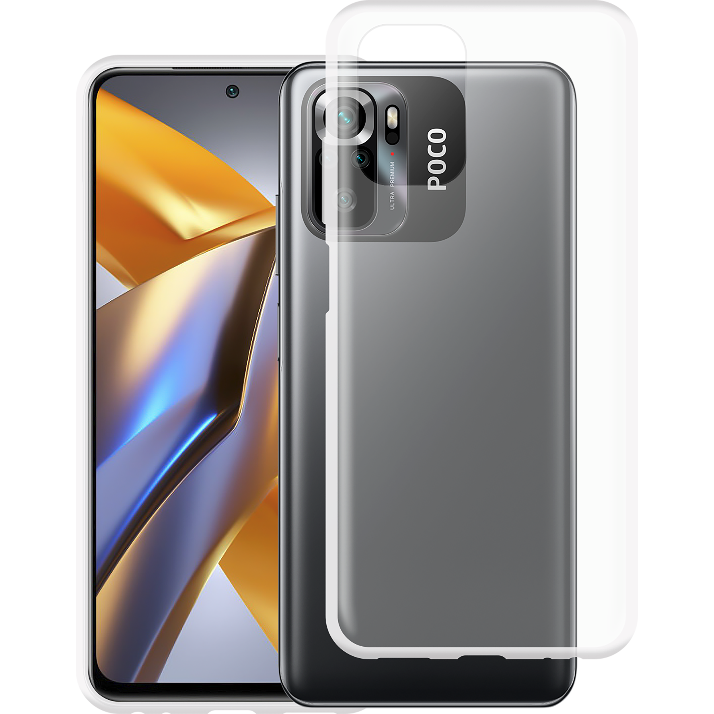 Ein Telefon mit Displayschutz und Hülle. Schwarzer Hintergrund.