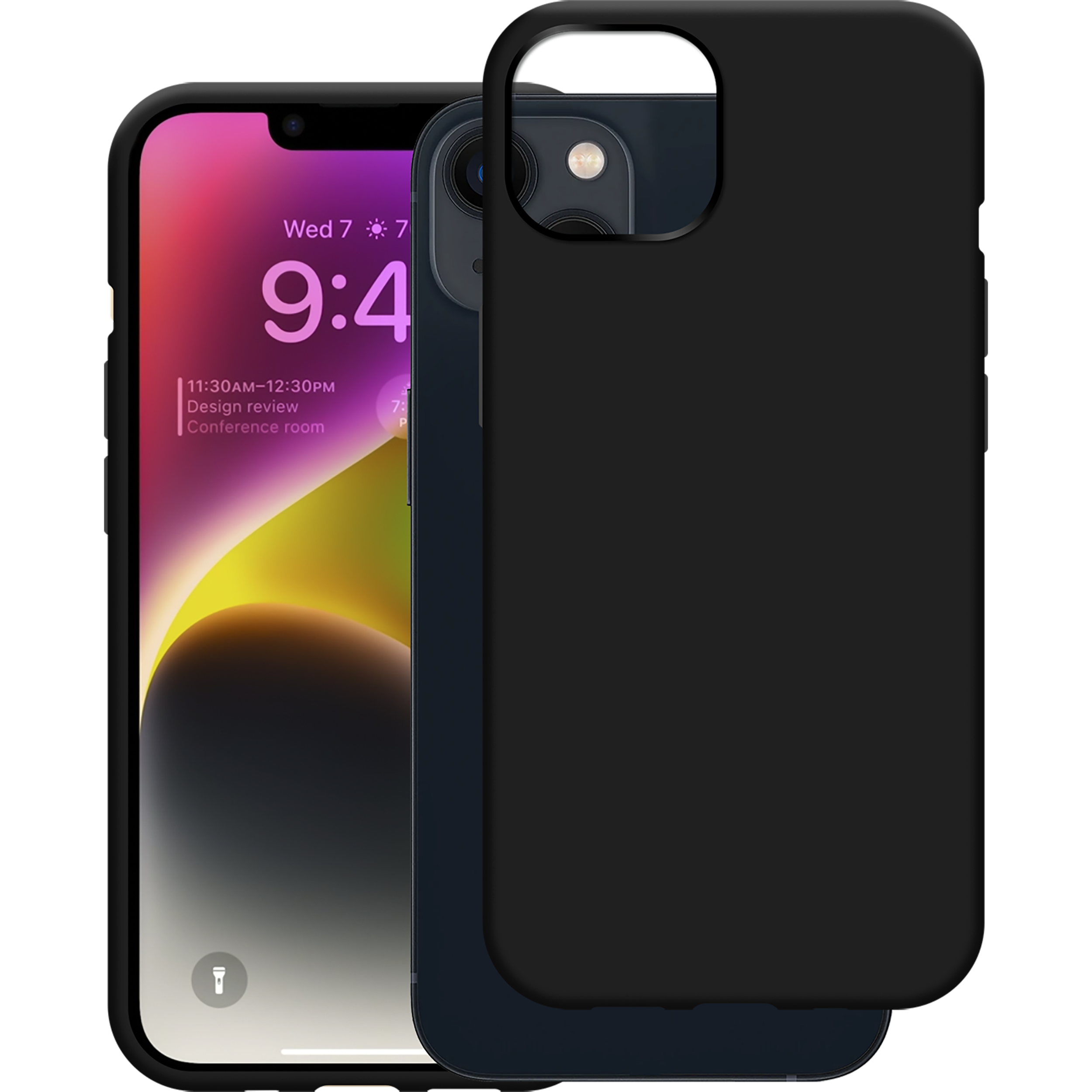 Schwarzes Telefon mit Hülle. Das Telefon zeigt Uhrzeit und Datum an. Schwarze Hülle rechts.