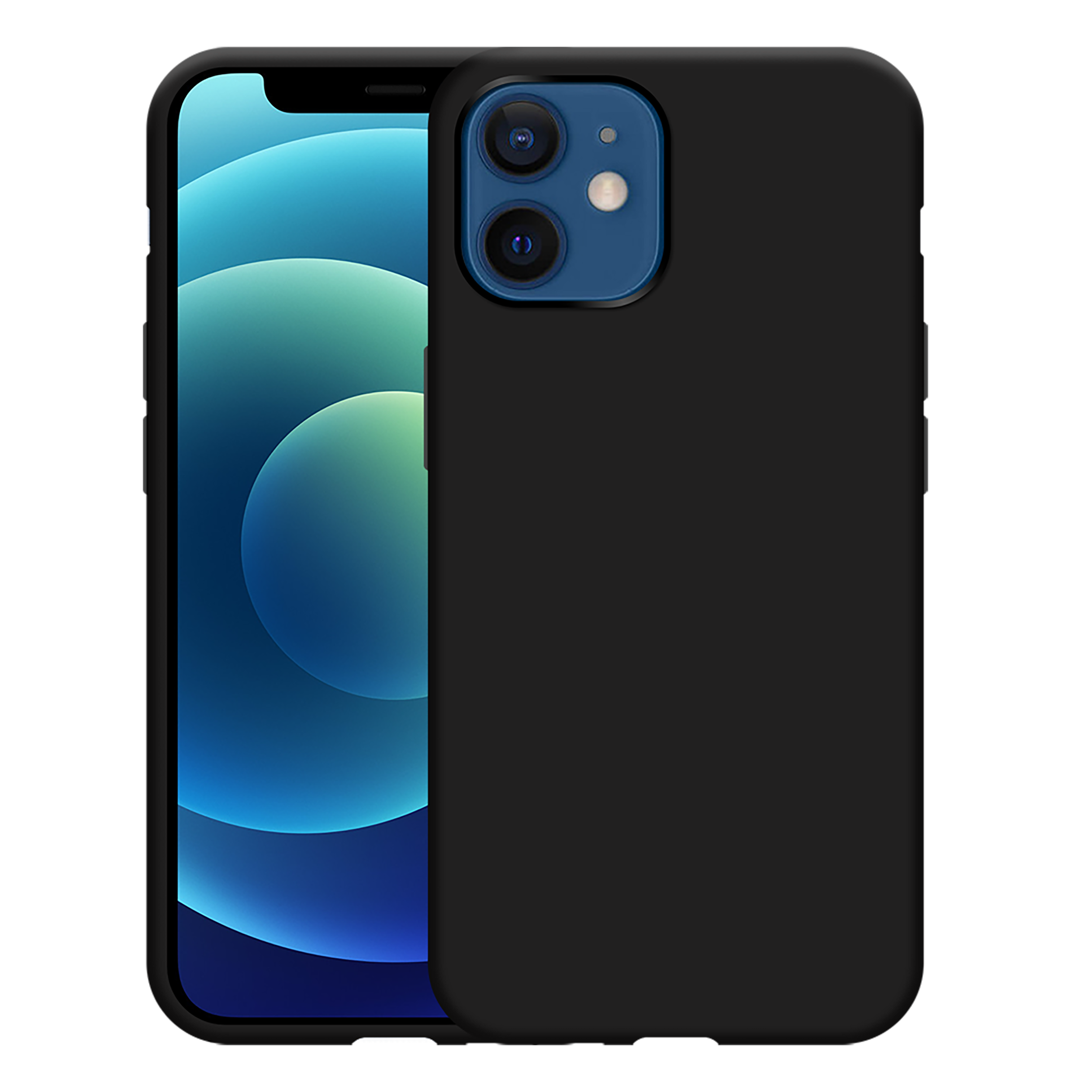 Ein schwarzes iPhone mit einer schwarzen Hülle. Der Bildschirm zeigt ein blaues und grünes Bild.