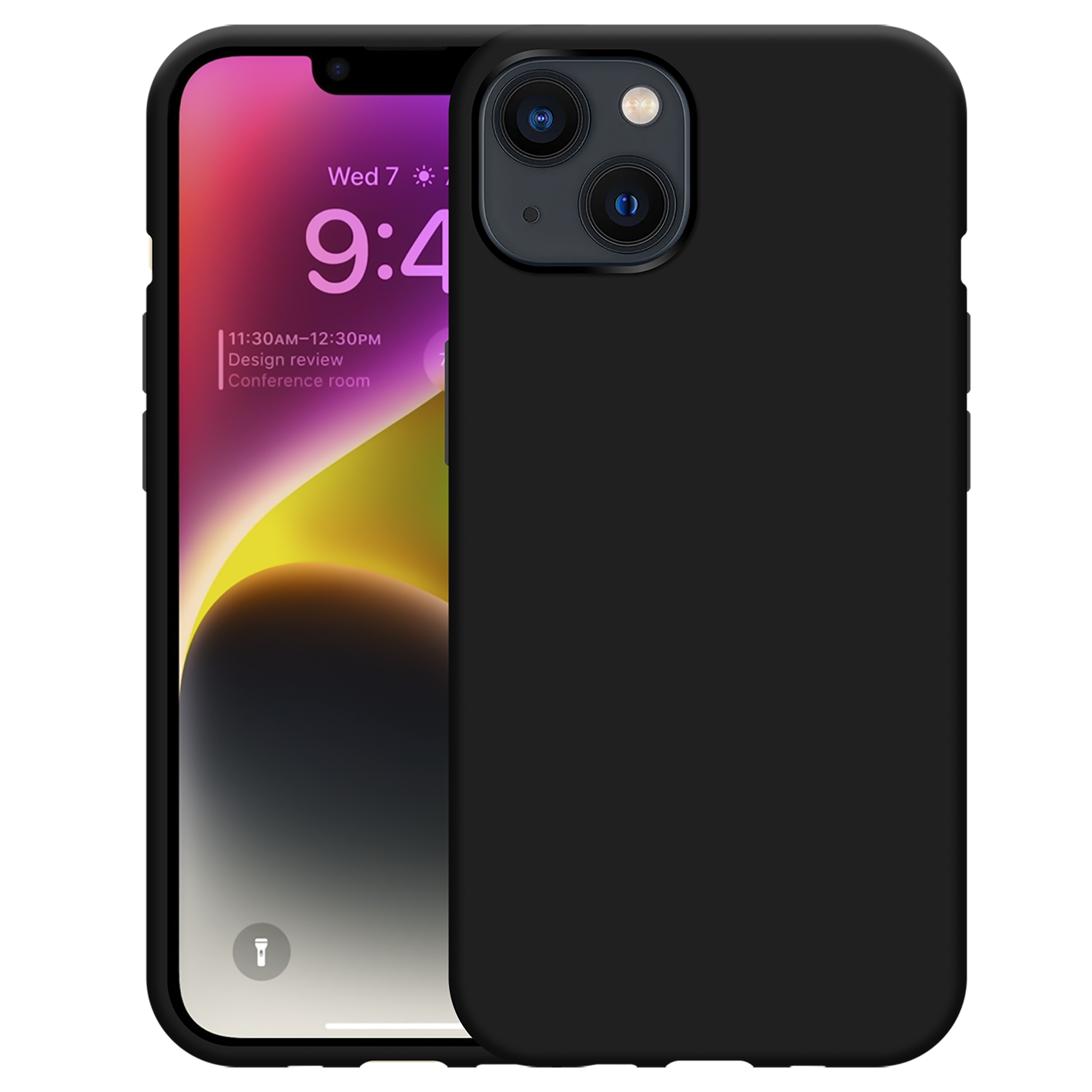 Ein schwarzes iPhone mit einer schwarzen Hülle. Der Bildschirm zeigt einen Kalender und die Uhrzeit.