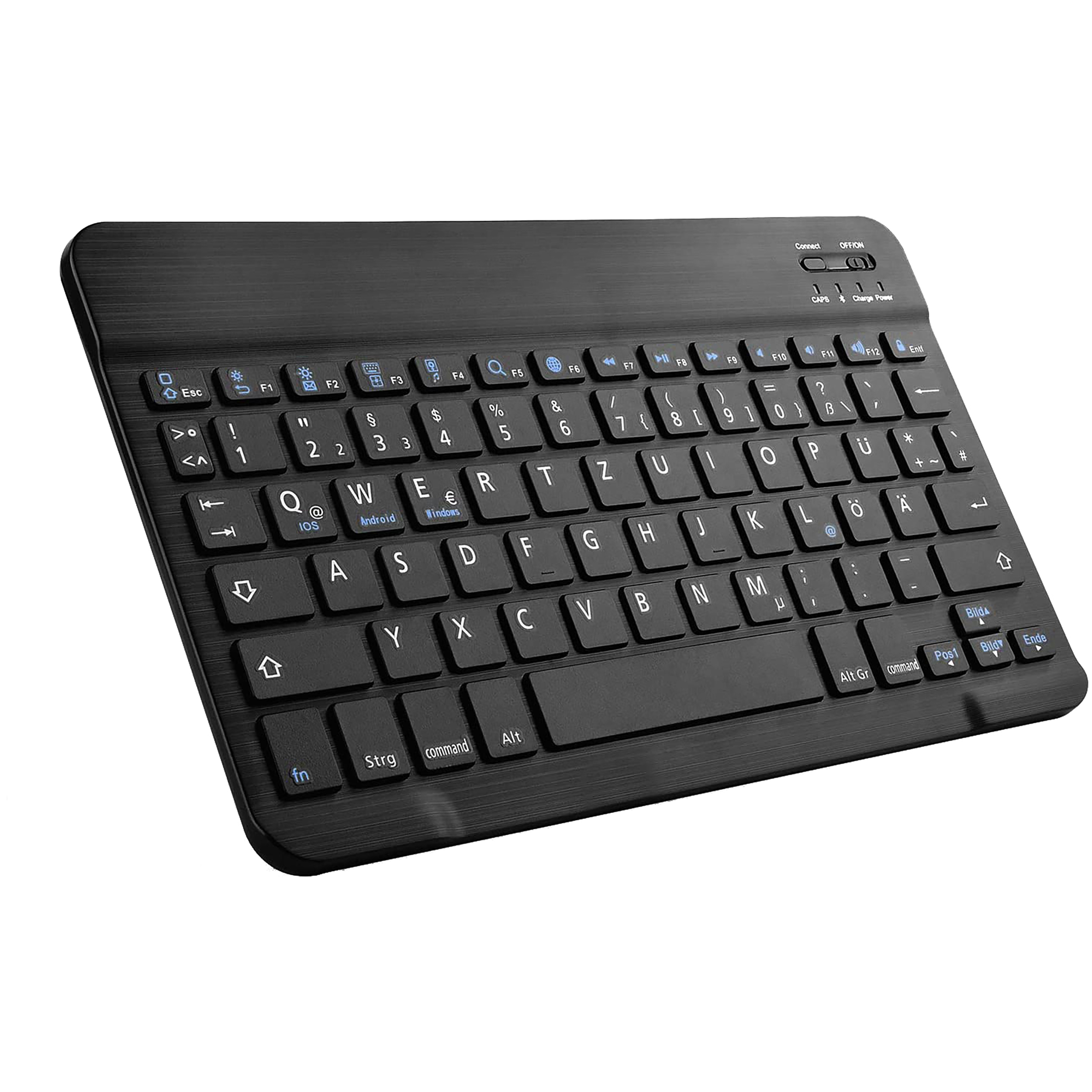 Schwarze kabellose Tastatur mit Buchstaben, Zahlen, Symbolen und Funktionstasten beschriftet.