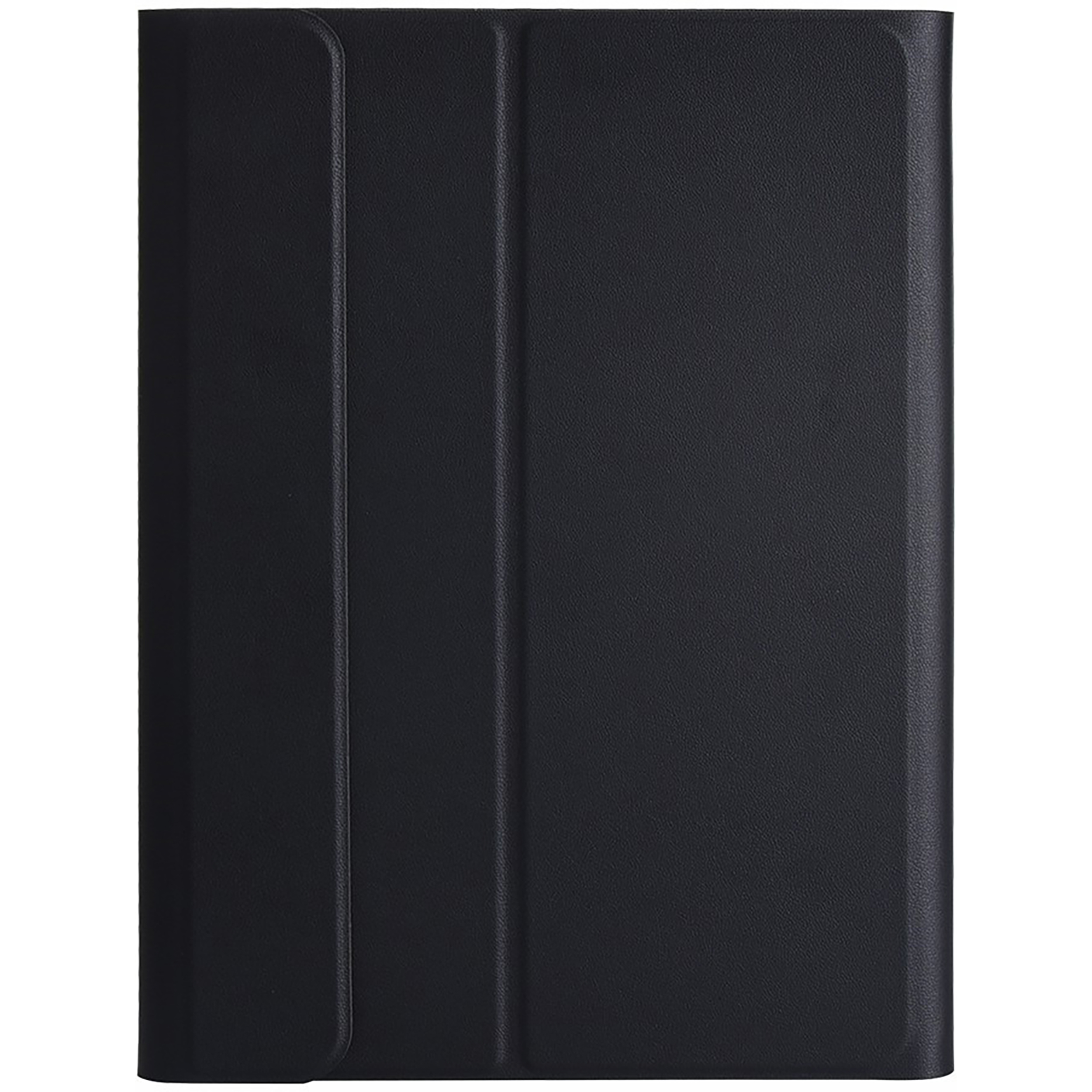 Eine vertikal ausgerichtete, schwarze Tablet-Hülle mit Lederstruktur, matter Oberfläche und Mittelfalte.