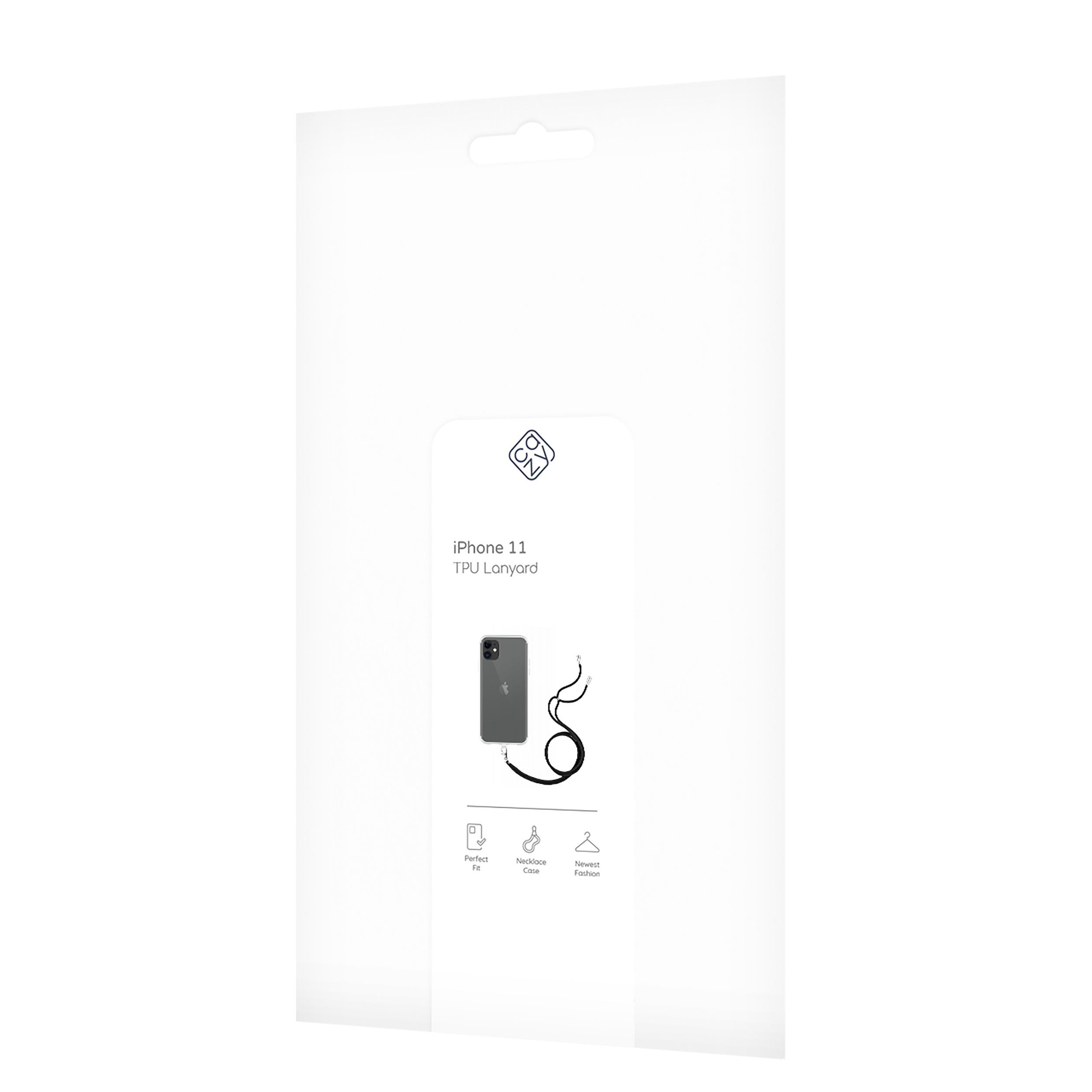 Weiße Verpackung mit iPhone 11 TPU-Lanyard, das Telefon und sein Lanyard zeigend.