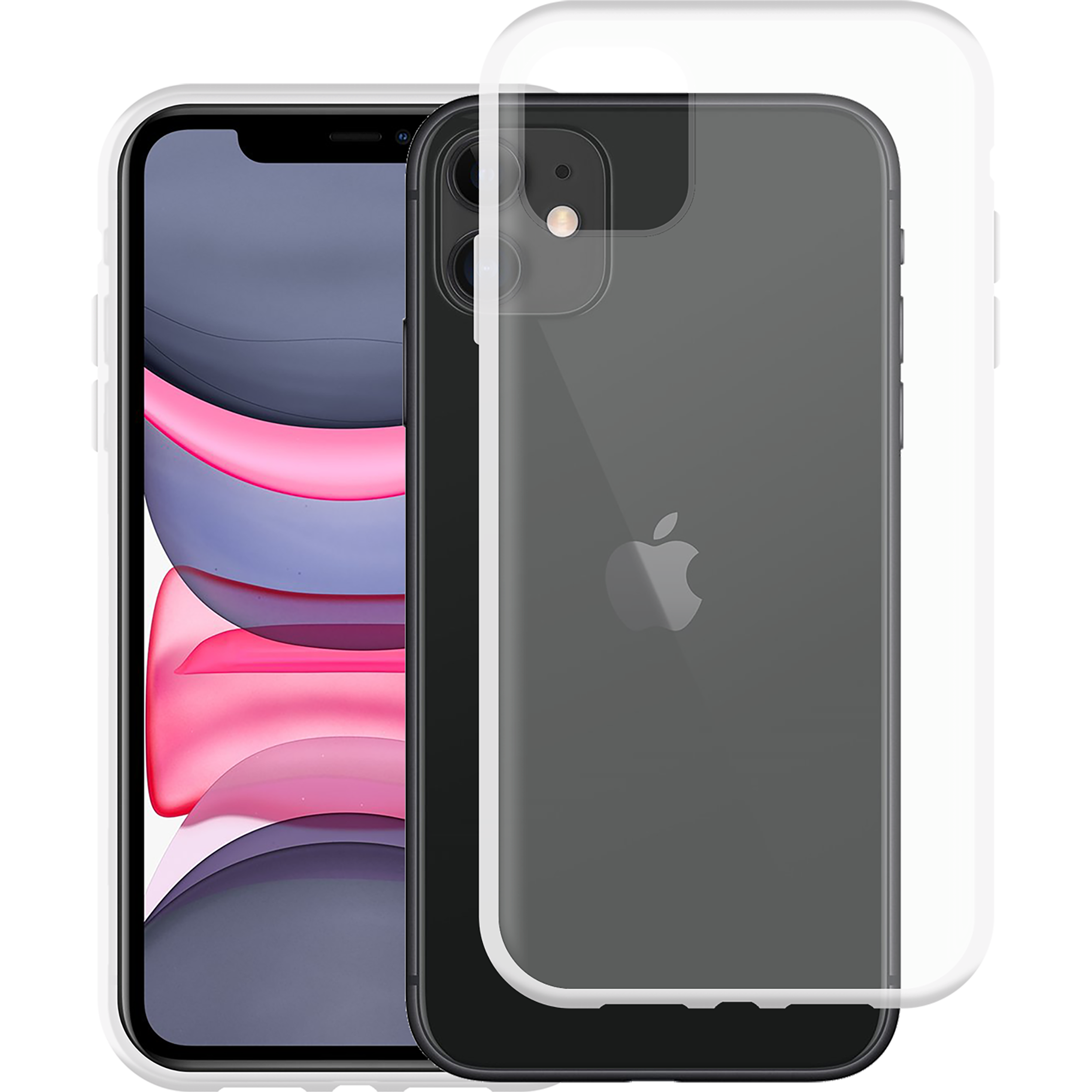 Schwarzes Telefon mit Hülle und klarer Abdeckung. Schwarzer Hintergrund.