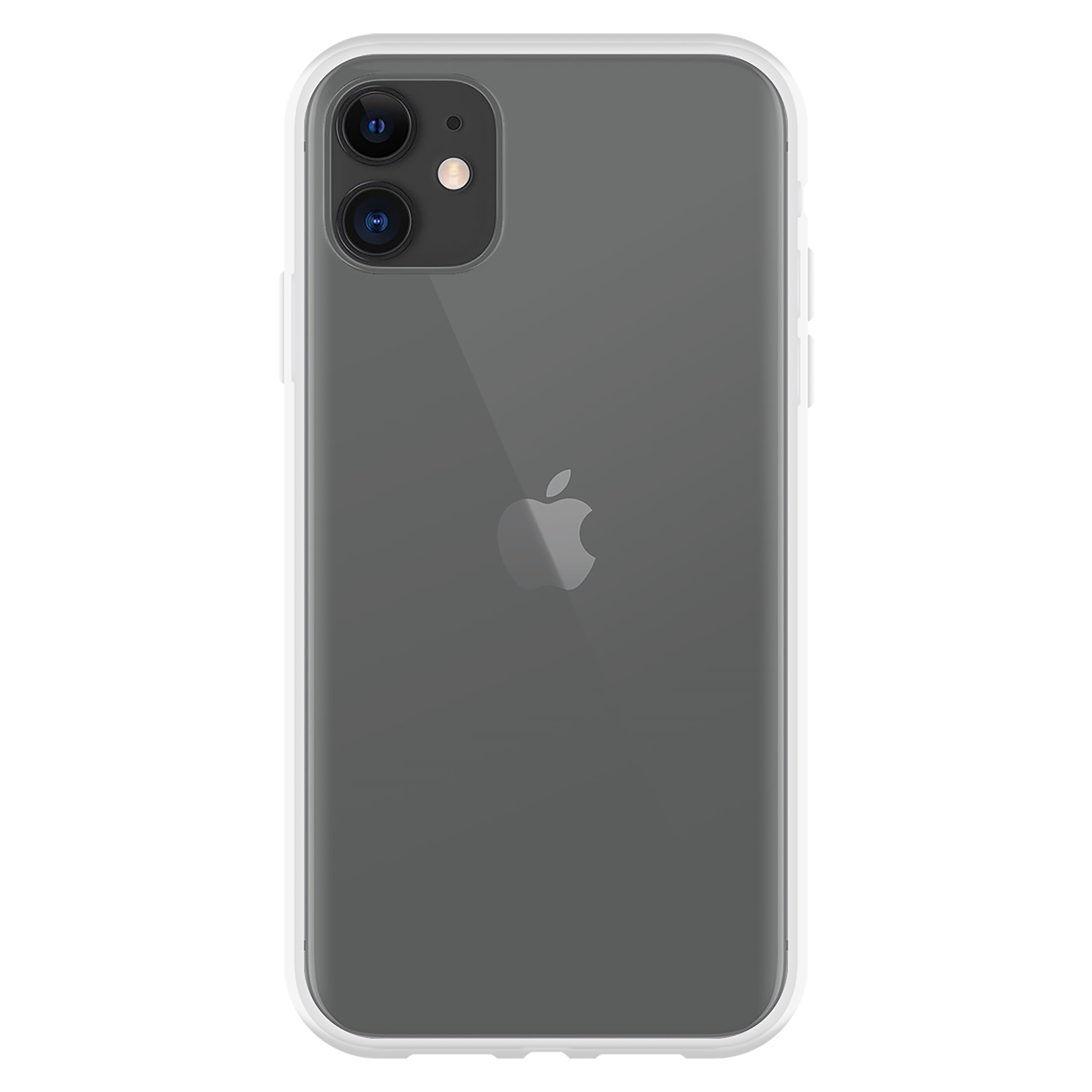 Rückseite eines iPhones in einer transparenten Hülle, mit Apple-Logo.