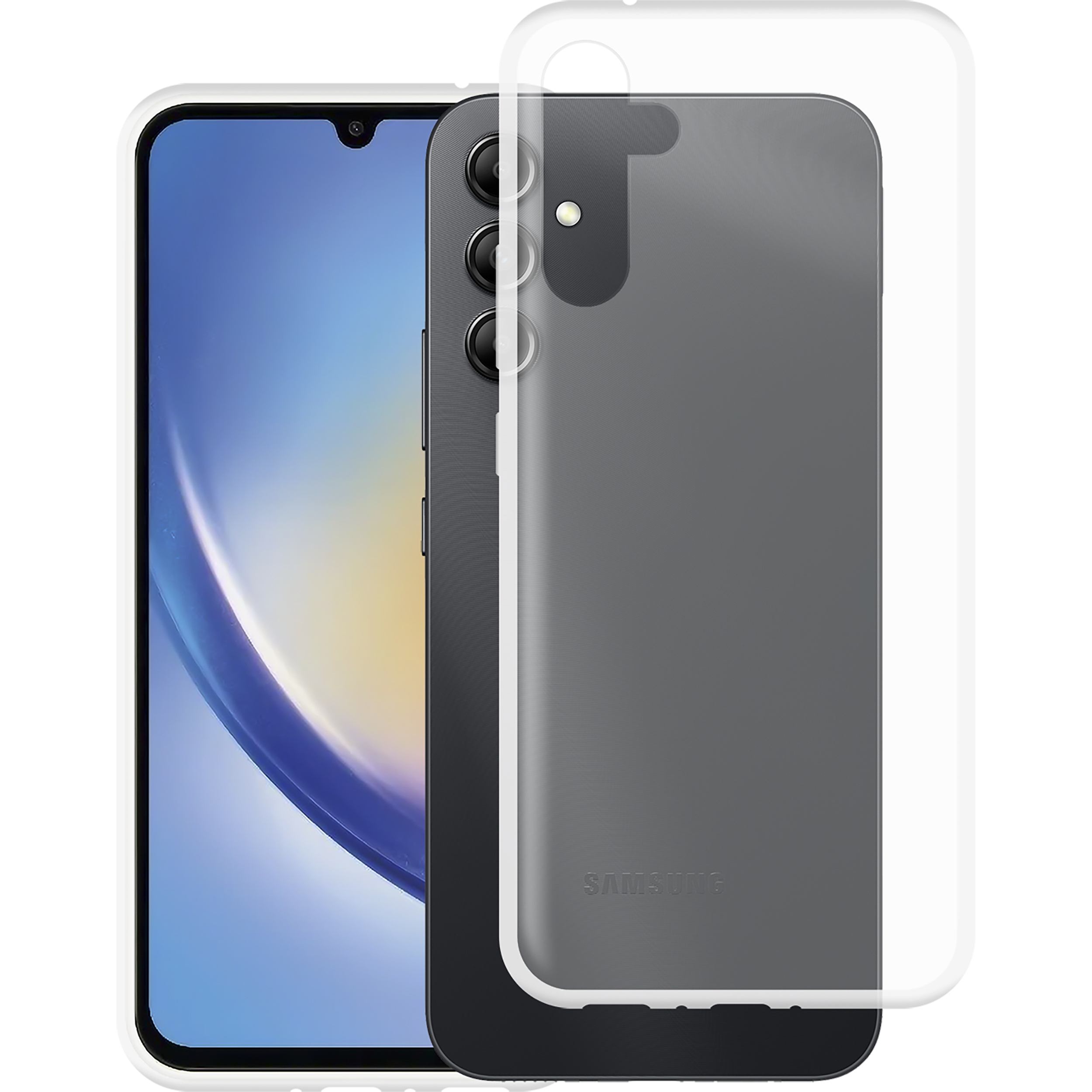 Samsung-Telefon mit grauer Hülle und Displayschutz. Schwarze Kamera und Power-Tasten. Weißer Rahmen.