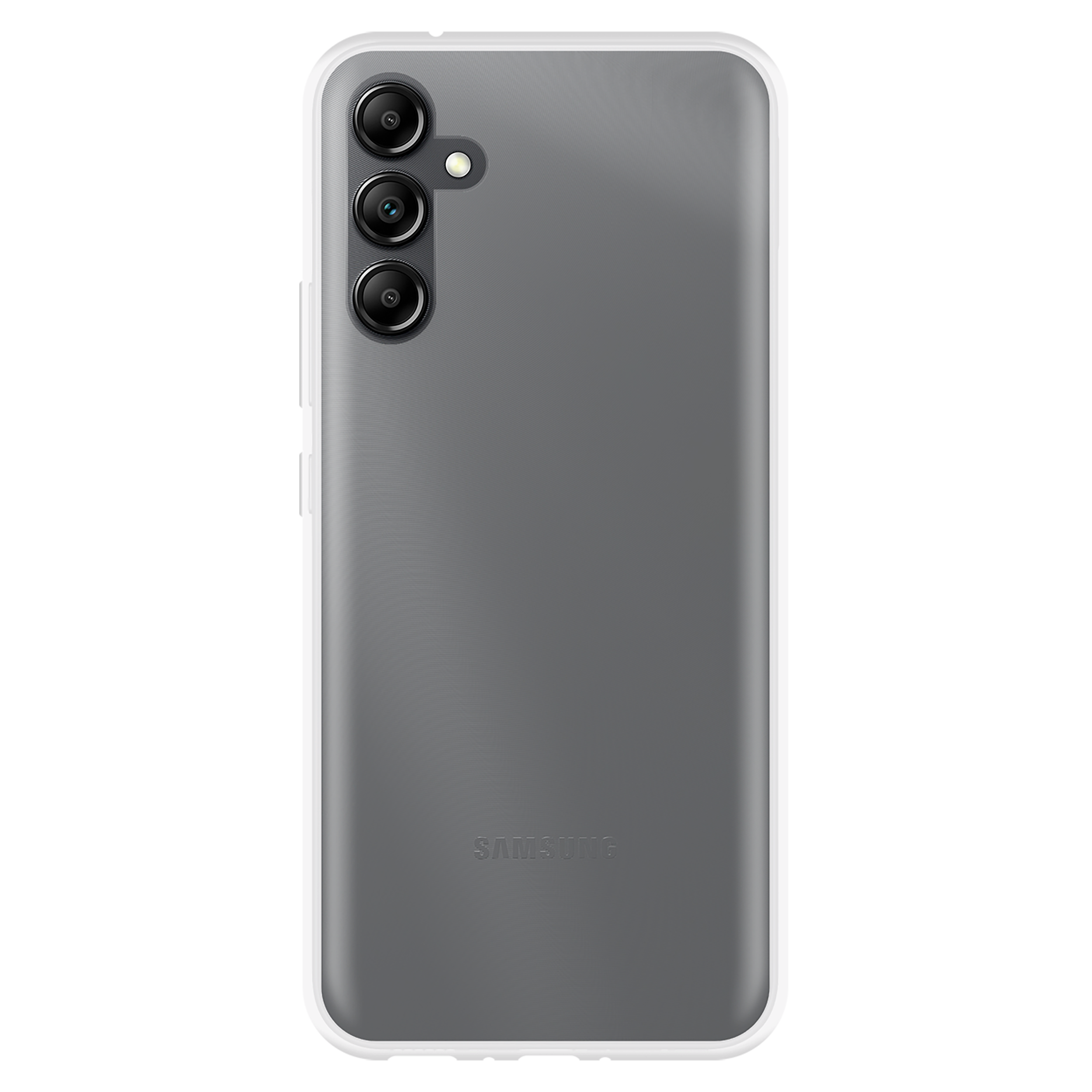 Graues Telefon in einer Hülle. Drei Kameras sind sichtbar. Weiße Hüllenränder. Schwarzer Hintergrund.