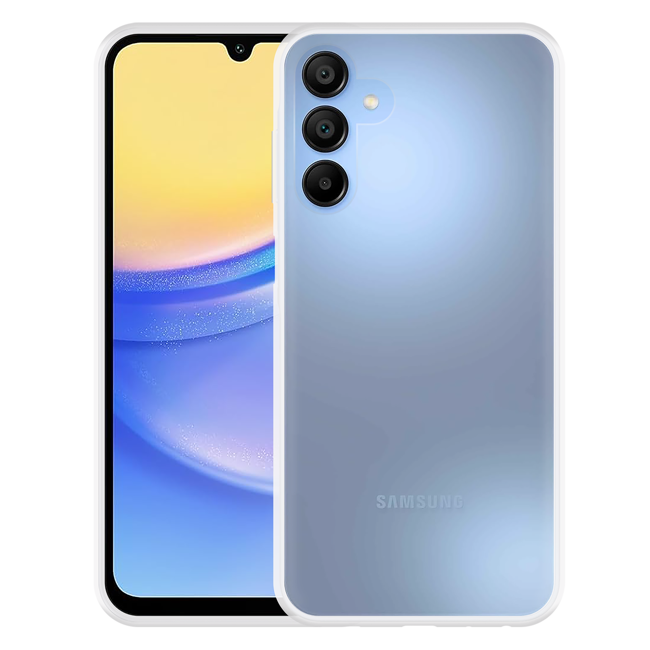 Blaues Telefon mit drei Kameras und gelbem Bildschirm.