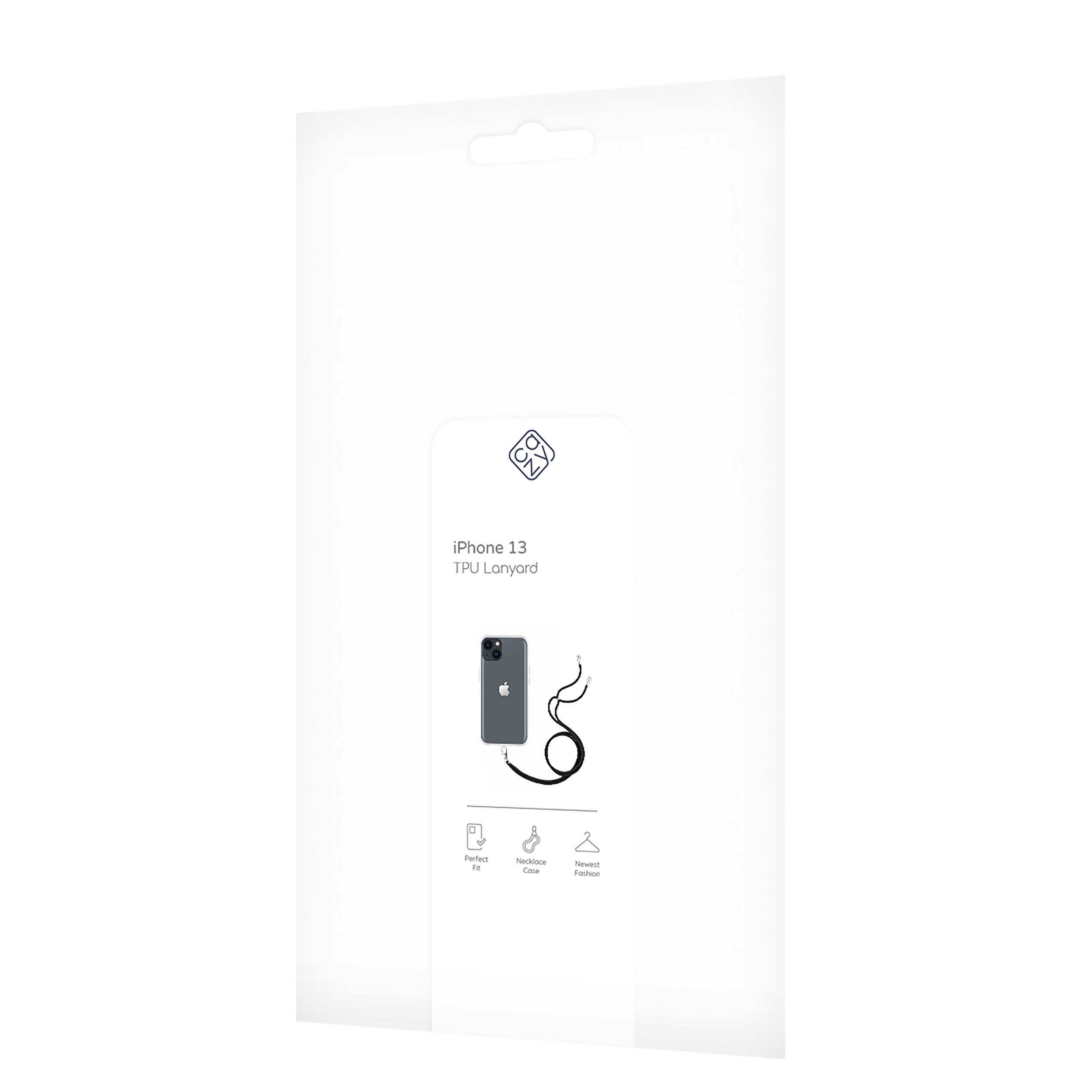 iPhone 13 TPU-Lanyard-Verpackung. Enthält ein Telefonbild und Symbole.