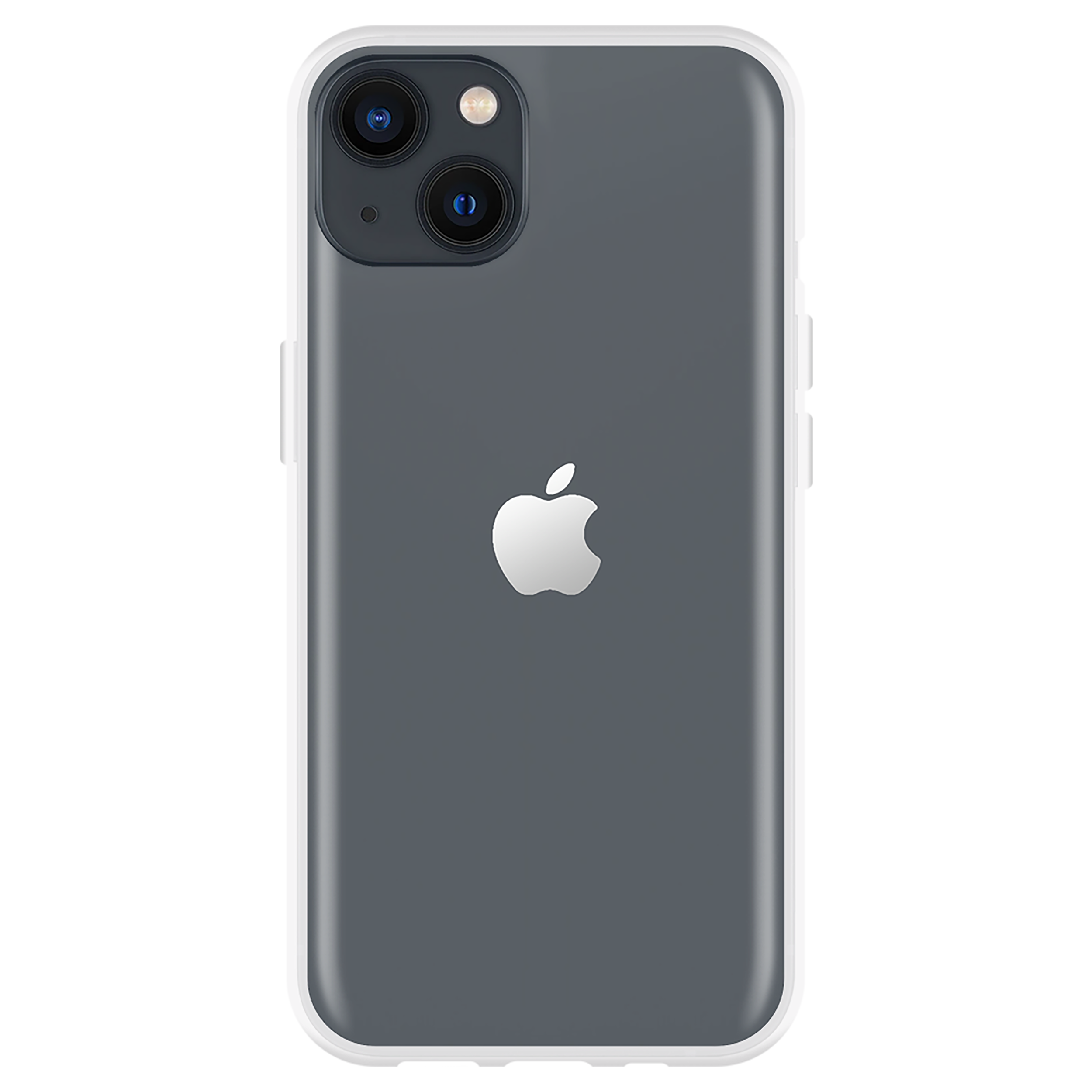 iPhone-Rückseite in einer Hülle. Die Hülle ist transparent mit weißem Rand. Apple-Logo sichtbar.