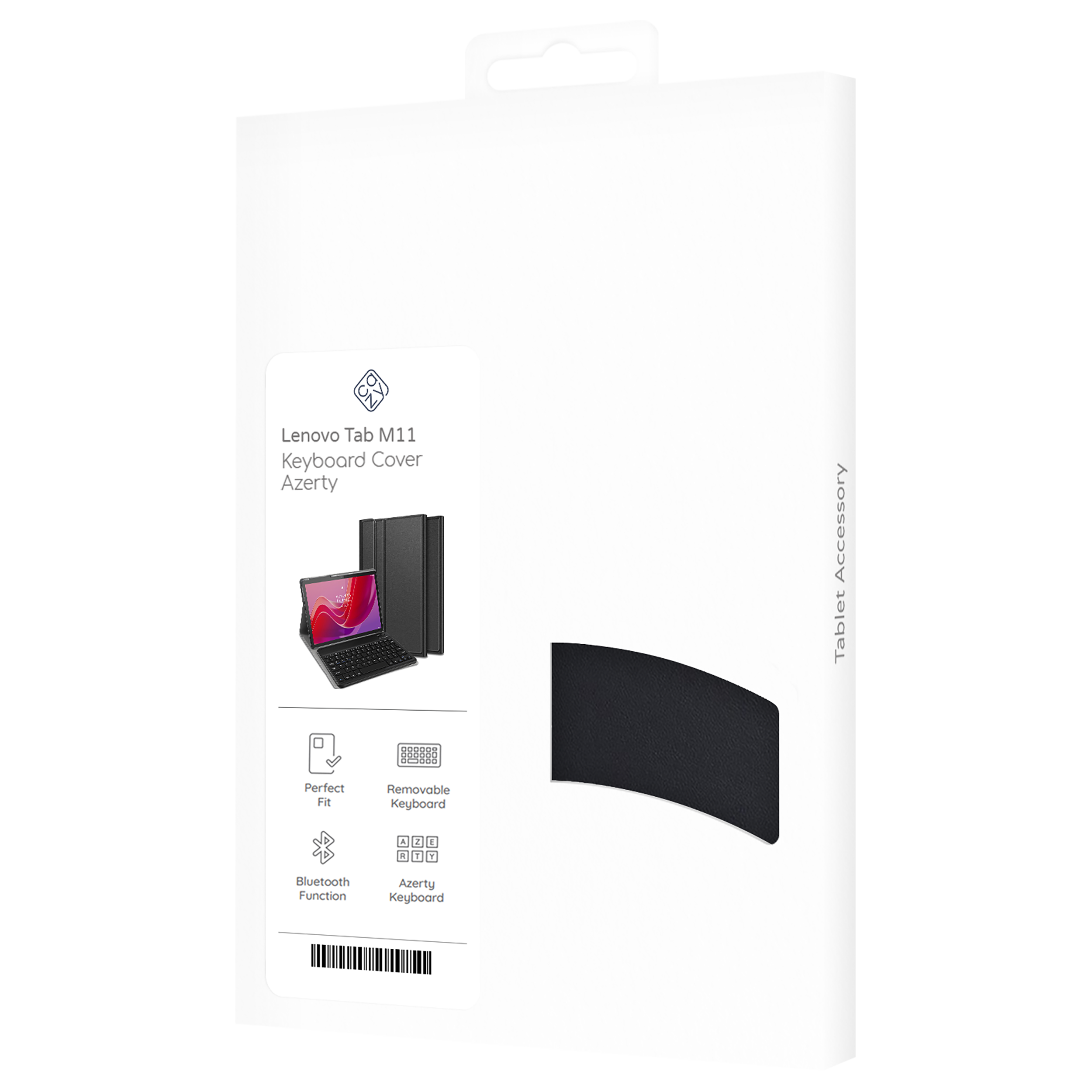 Eine weiße Verpackung zeigt eine Tablet-Tastaturabdeckung. Zu den Merkmalen gehören perfekte Passform, abnehmbare Tastatur und Bluetooth-Funktion.