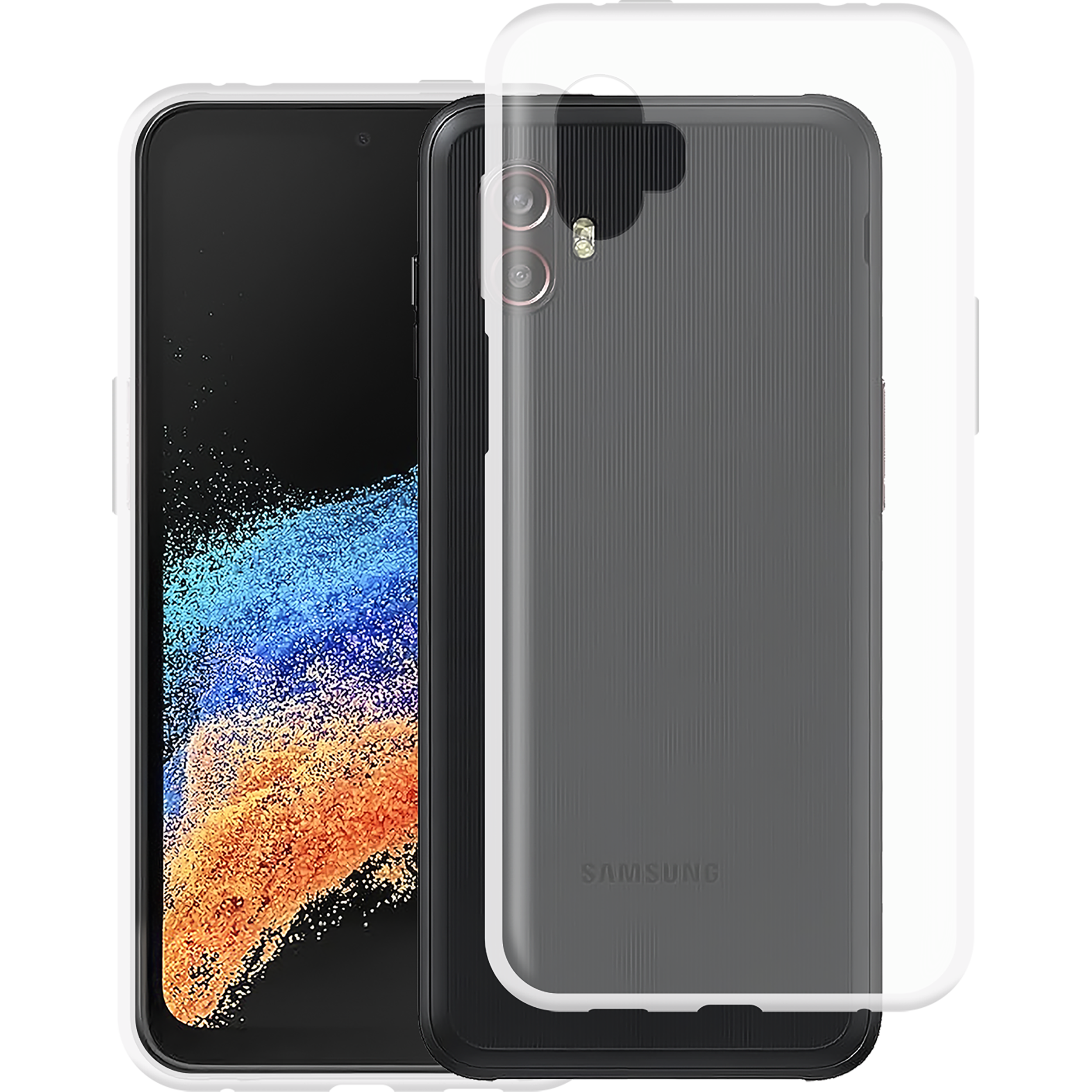 Telefon mit Hülle. Display zeigt farbenfrohe abstrakte Kunst. Klare Hülle über der Rückseite.