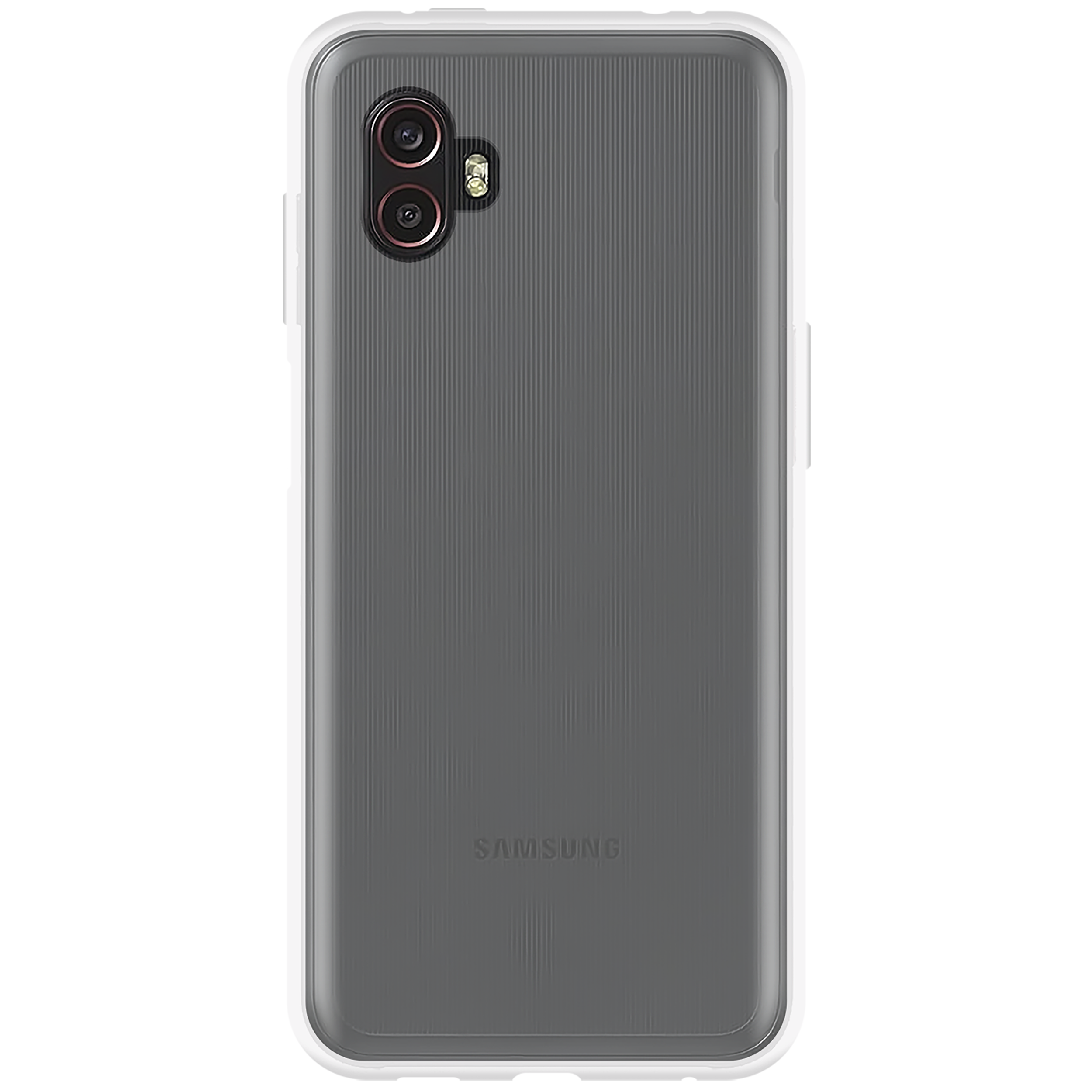 Transparente Handyhülle. Samsung-Logo, zwei Kameras, gerippte Rückseite. Weißer Rahmen.
