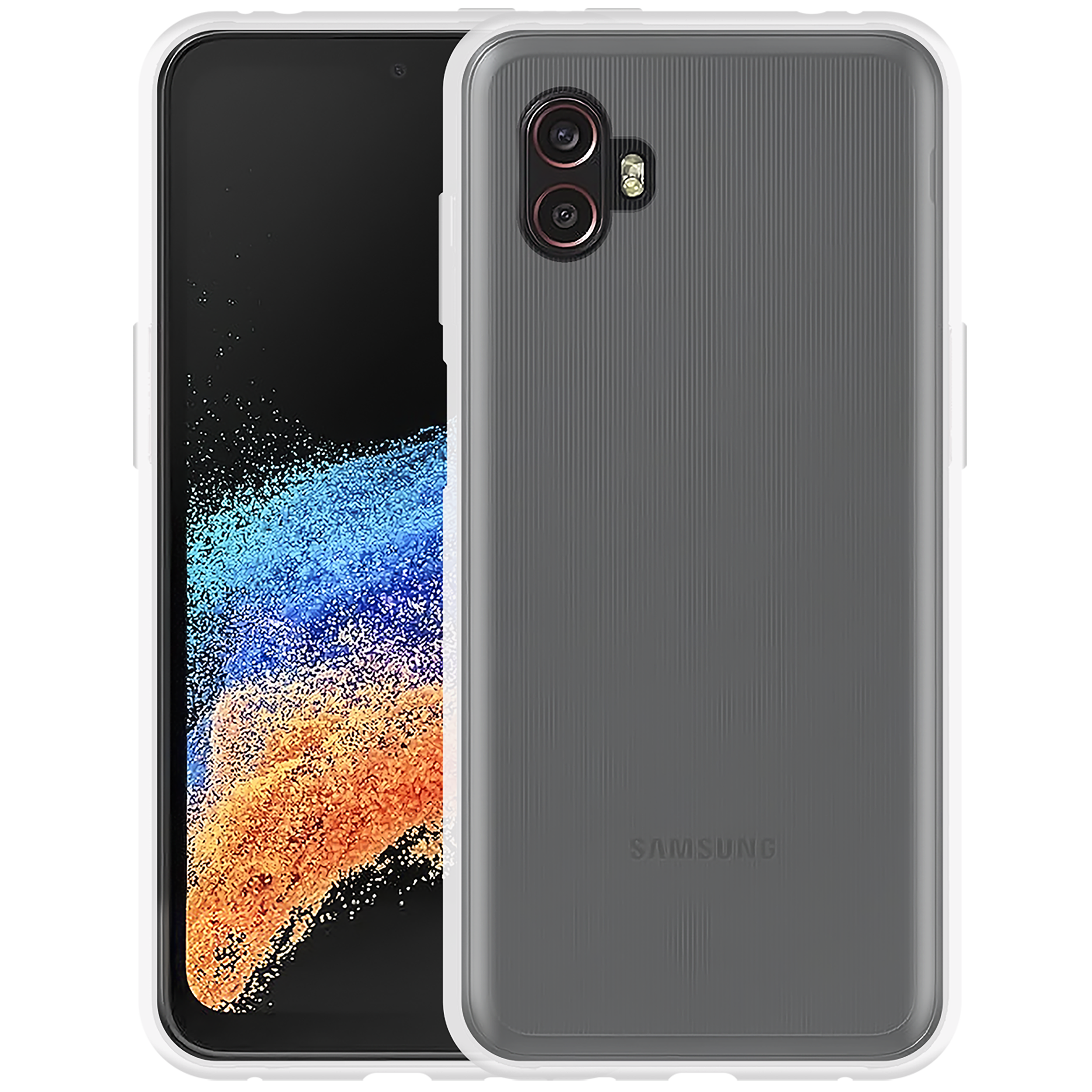 Telefon in klarer Hülle, zeigt Rückseite. Samsung-Logo sichtbar. Schwarzer Hintergrund.