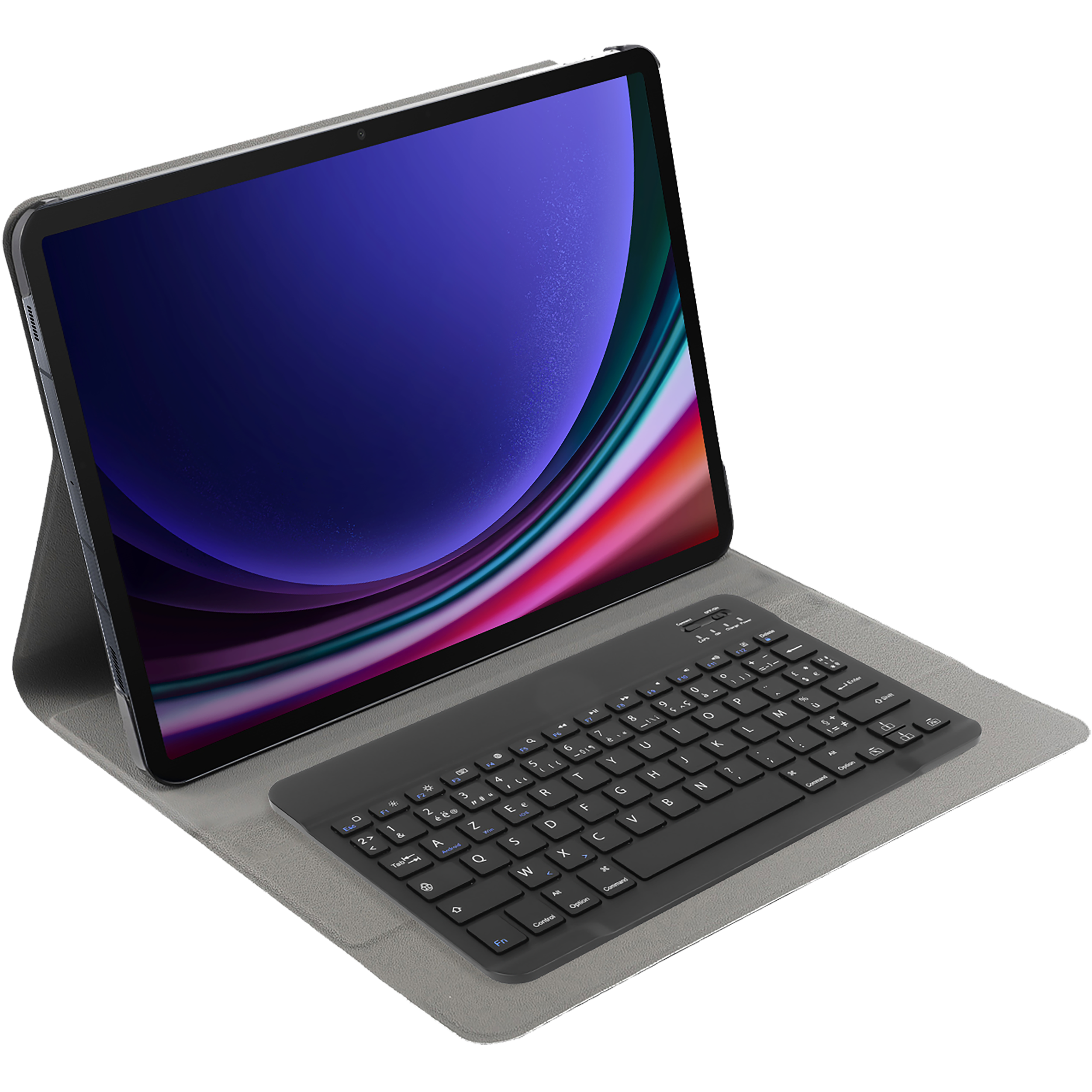 Ein Tablet mit Tastaturhülle auf einer grauen Oberfläche. Das Tablet zeigt ein Bild an.