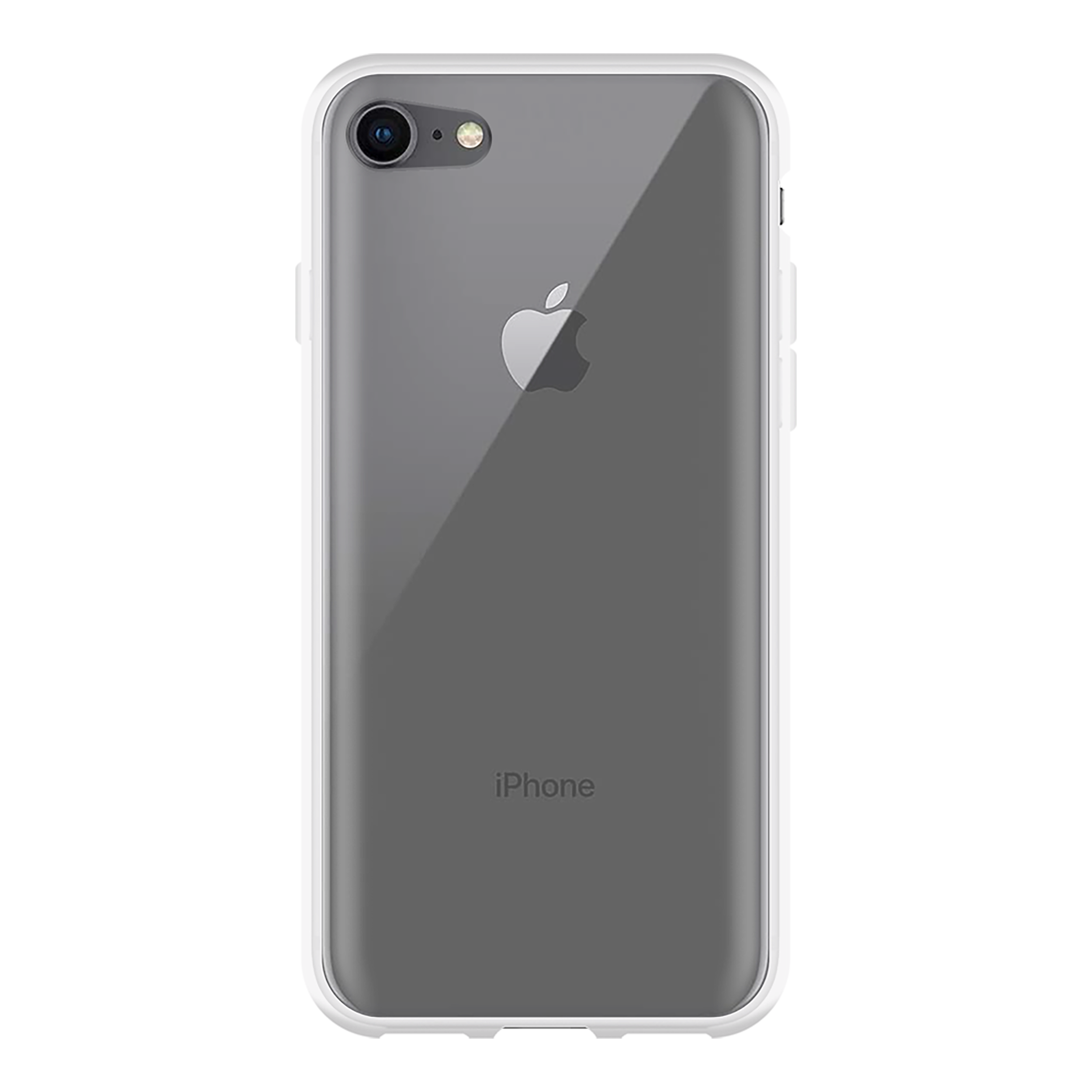 Transparente Handyhülle. Zeigt die Rückseite des Telefons mit Apple-Logo. Schwarzer Hintergrund.