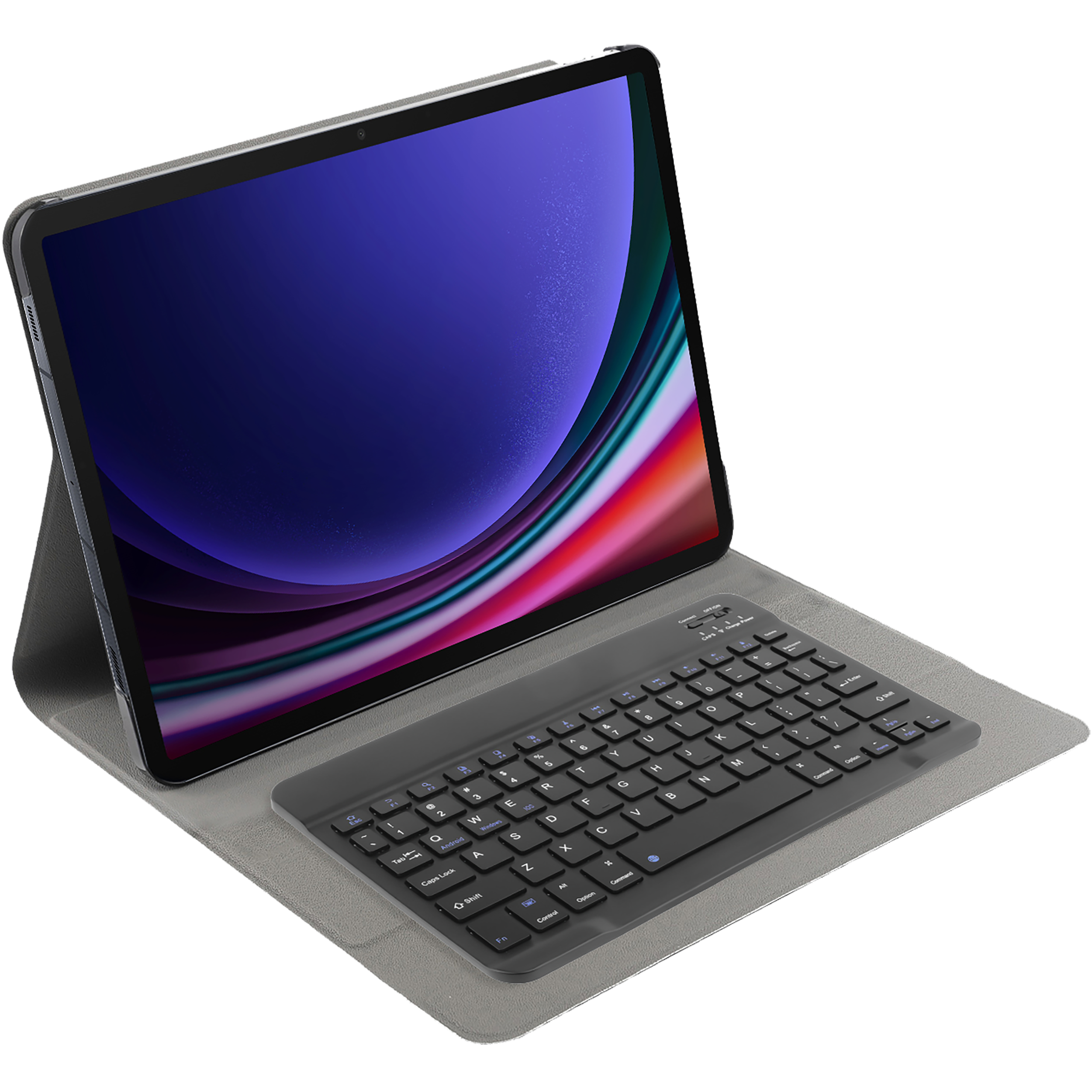 Tablet mit Tastatur. Tablet zeigt farbenfrohe Anzeige. Die Tastatur ist schwarz.