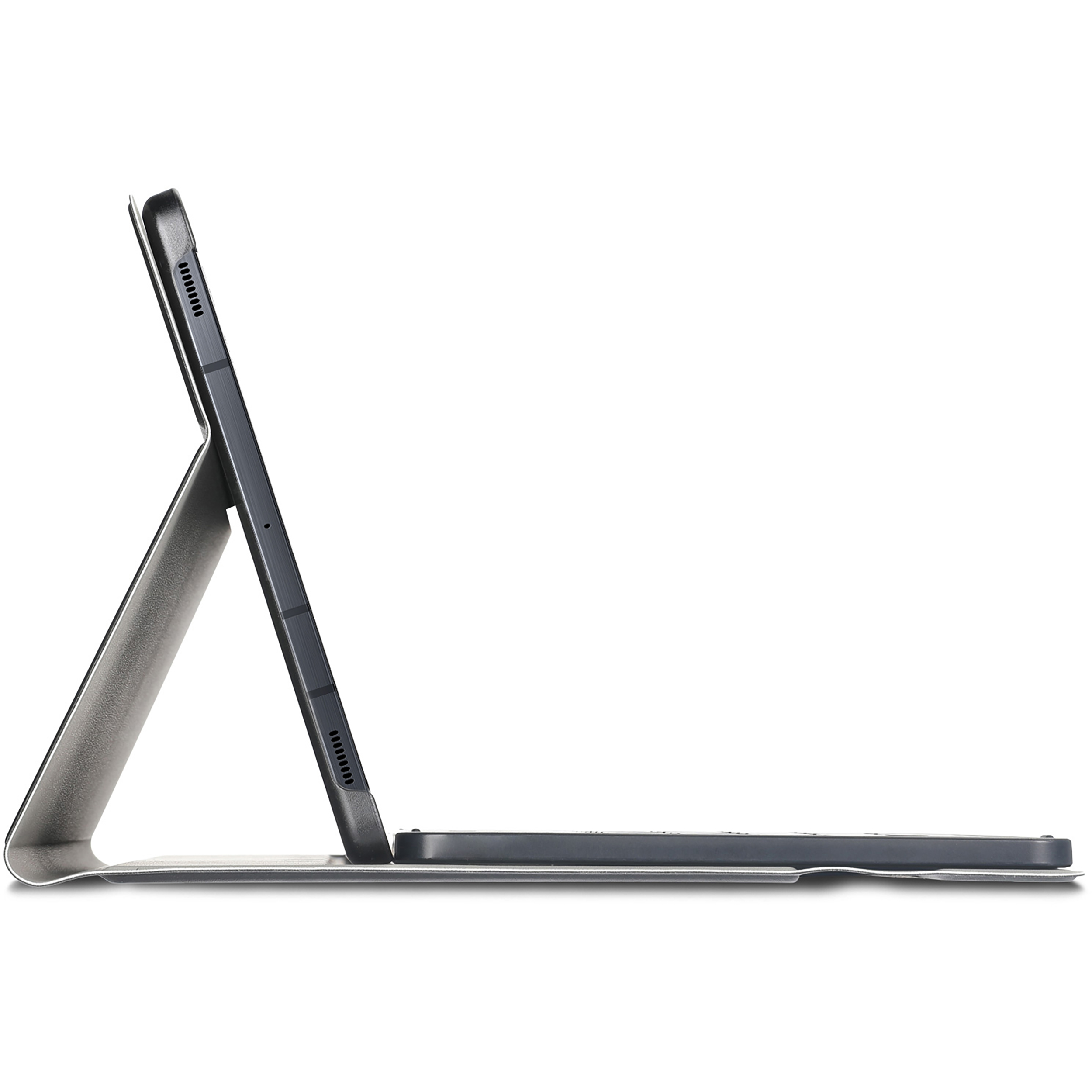 Ein Tablet in einer Hülle, das aufrecht steht. Die Hülle ist dunkelgrau und hat eine Tastaturfunktion.