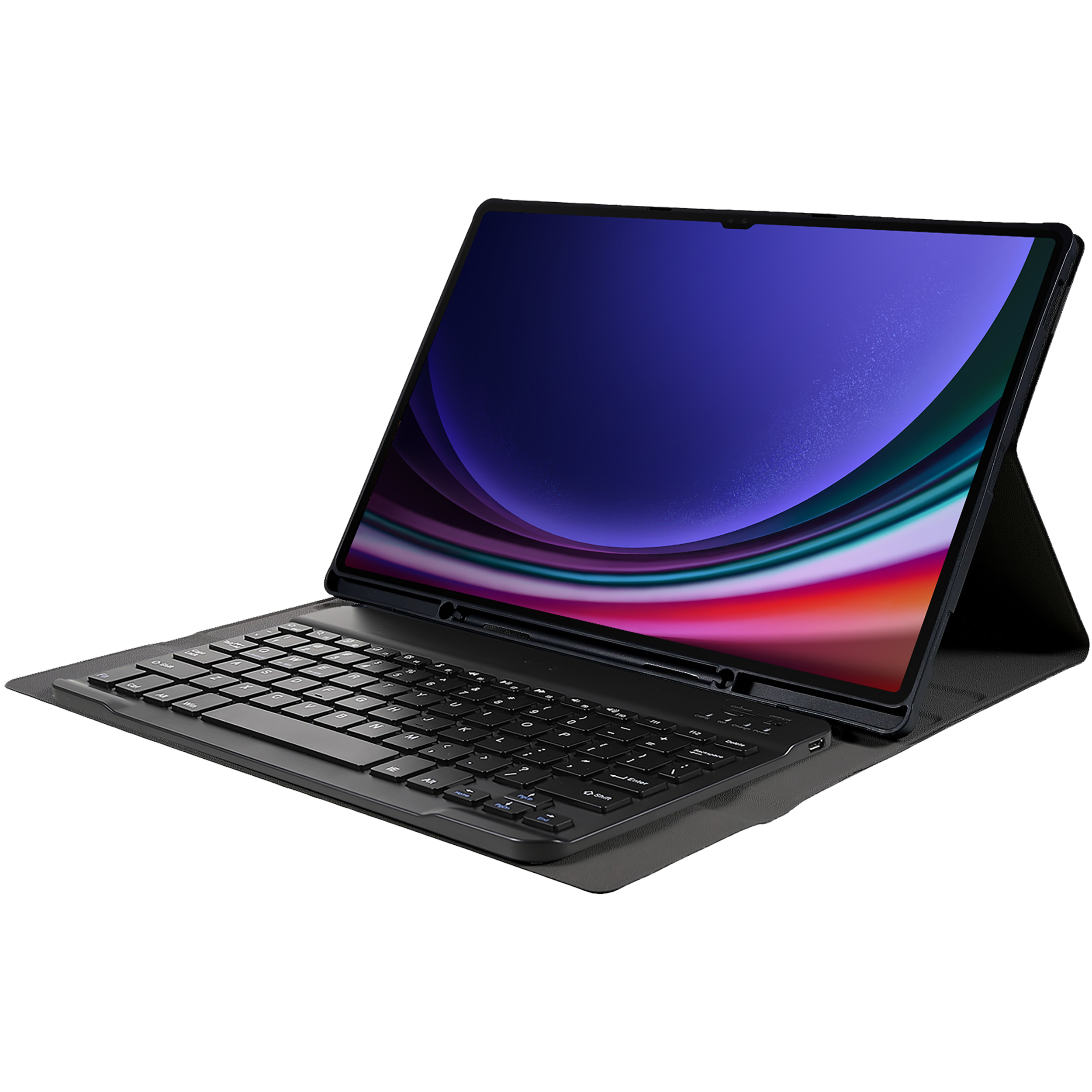 Ein schwarzes Tablet mit Tastatur, aufgestellt. Der Bildschirm zeigt einen bunten Hintergrund.