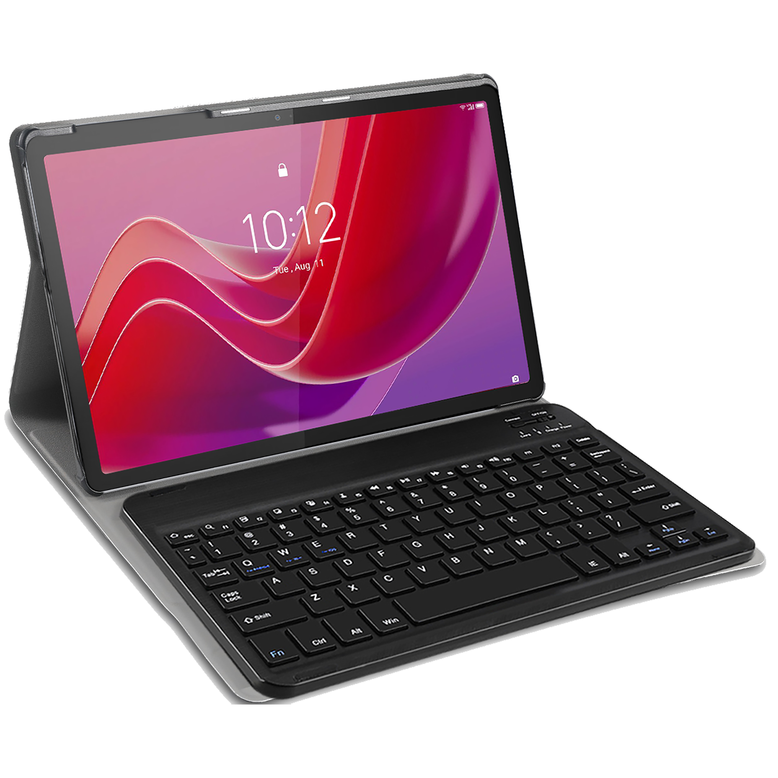 Tablet mit angeschlossener Tastatur, Bildschirm zeigt Uhrzeit und Datum. Tastatur ist schwarz.