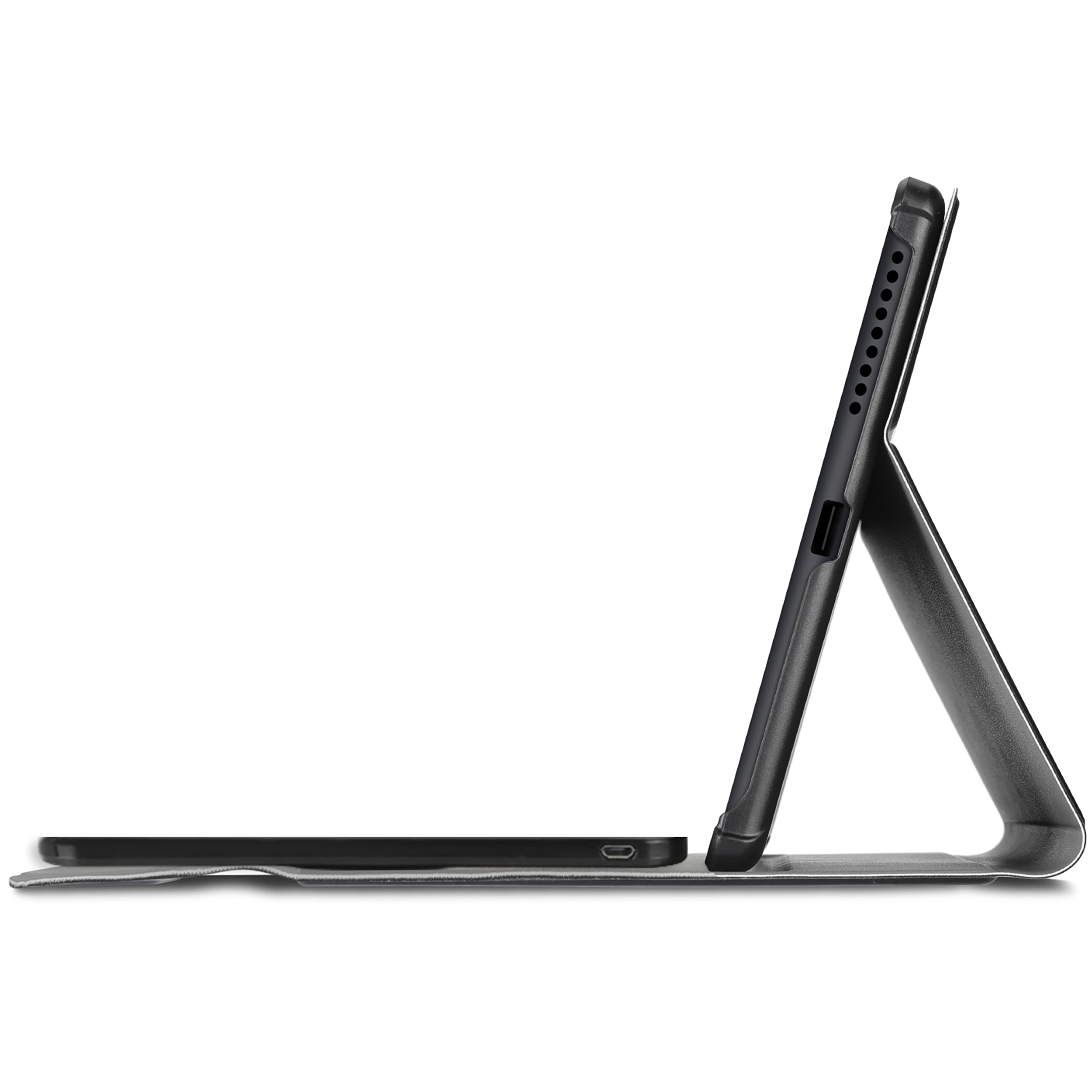 Ein schwarzes Tablet in einem Gehäuse, geöffnet, um einen Ständer zu bilden. Es liegt auf einer weißen Oberfläche, mit weißem Hintergrund.