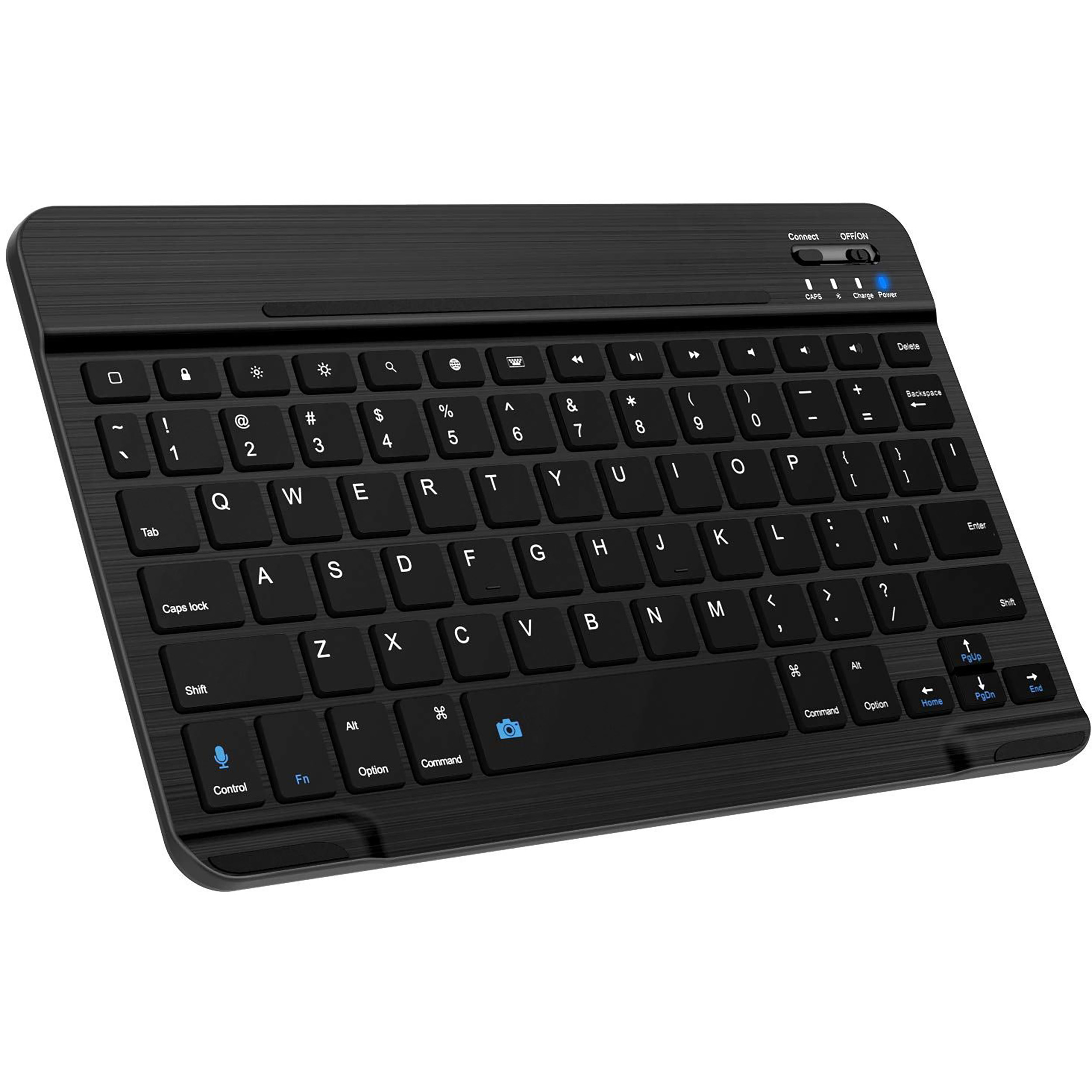 Eine schwarze Tastatur mit weißen Symbolen und Tasten. Die Tastatur hat einen Ein-/Ausschalter und eine Ladeanzeige.