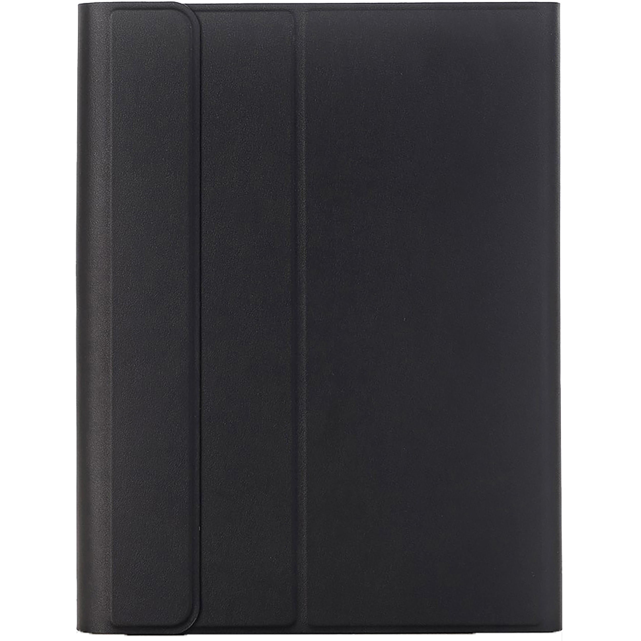 Schwarze Tablethülle, geschlossen. Die Hülle hat eine strukturierte Vorderseite und eine glatte Rückseite. Der Hintergrund ist weiß.